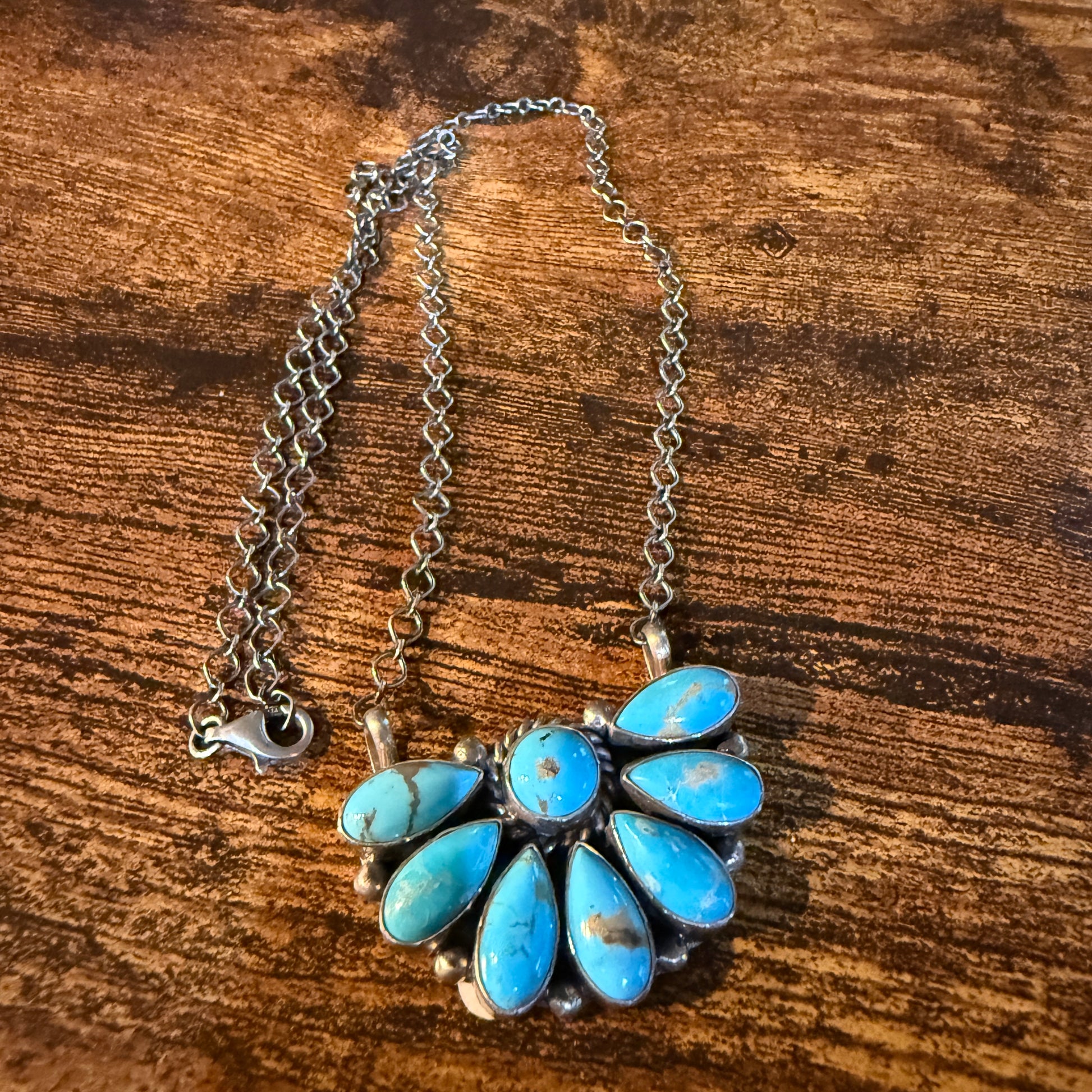 Native Handmade Effie Garfield Kingman Turquoise Half Cluster Necklace Sterling Silver Wild West Boho