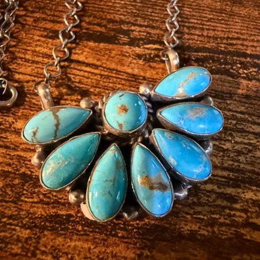 Native Handmade Effie Garfield Kingman Turquoise Half Cluster Necklace Sterling Silver Wild West Boho