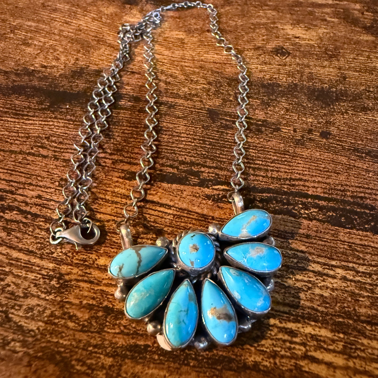 Native Handmade Effie Garfield Kingman Turquoise Half Cluster Necklace Sterling Silver Wild West Boho