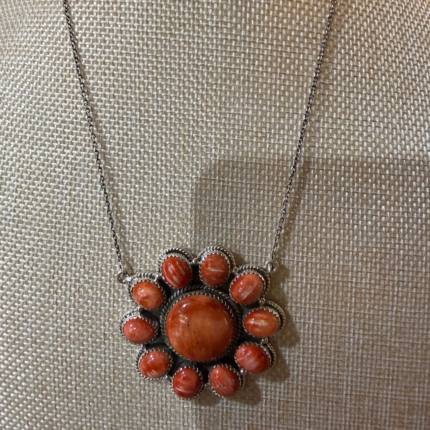 Orange Spiny Oyster Cluster Necklace in Sterling Silver with 18 Inch Chain Wild West Boho