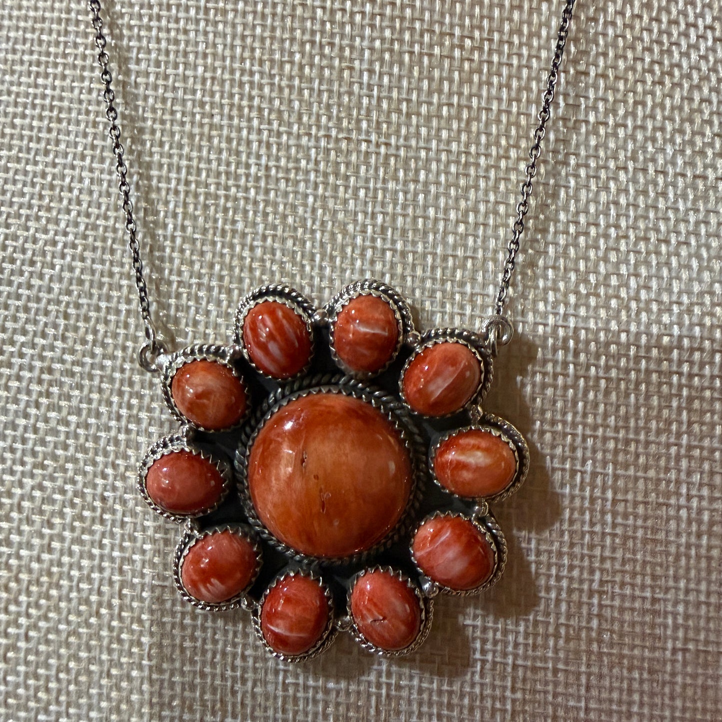 Orange Spiny Oyster Cluster Necklace in Sterling Silver with 18 Inch Chain Wild West Boho