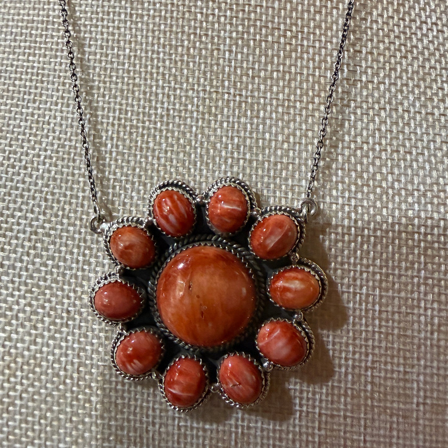 Orange Spiny Oyster Cluster Necklace in Sterling Silver with 18 Inch Chain Wild West Boho
