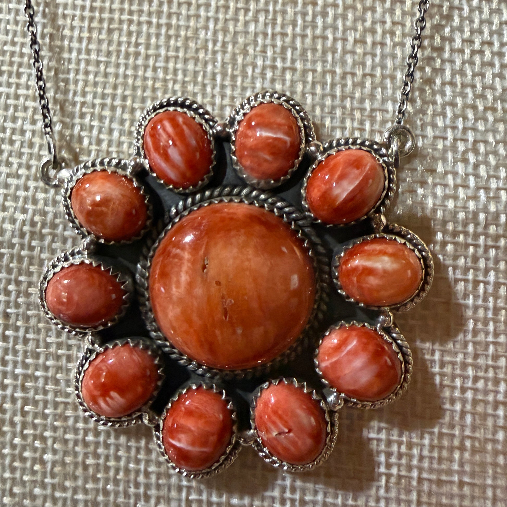 Orange Spiny Oyster Cluster Necklace in Sterling Silver with 18 Inch Chain Wild West Boho