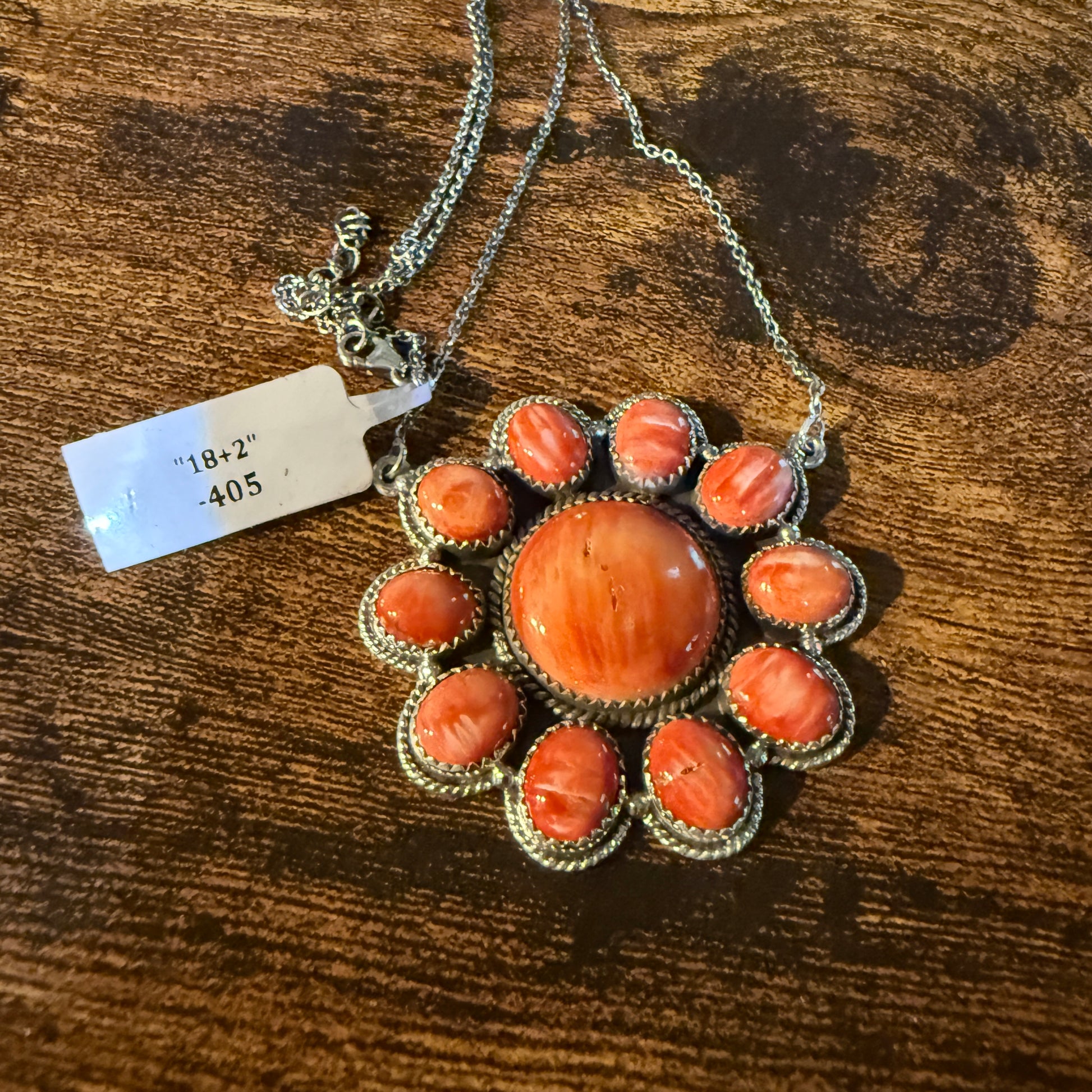 Orange Spiny Oyster Cluster Necklace in Sterling Silver with 18 Inch Chain Wild West Boho