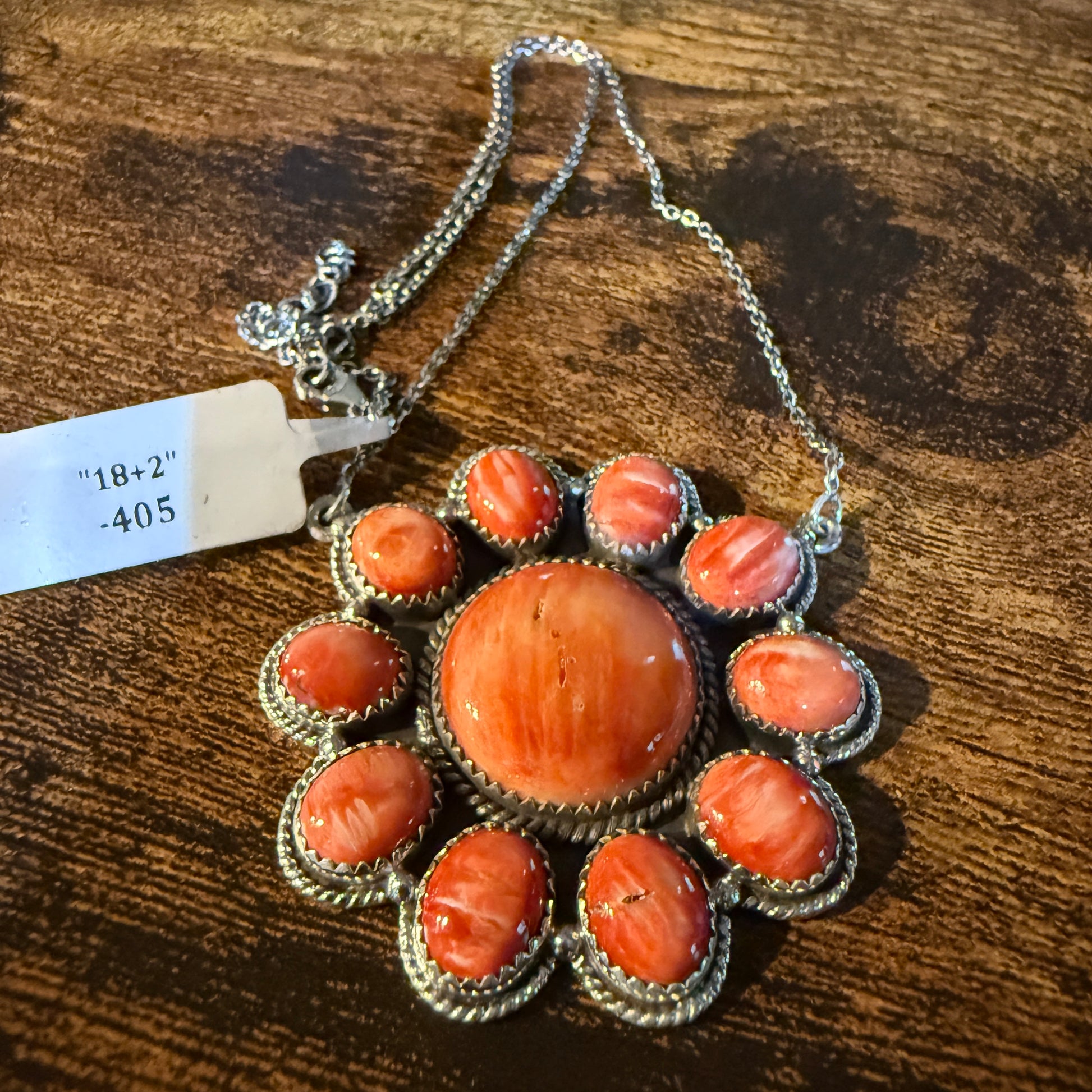 Orange Spiny Oyster Cluster Necklace in Sterling Silver with 18 Inch Chain Wild West Boho