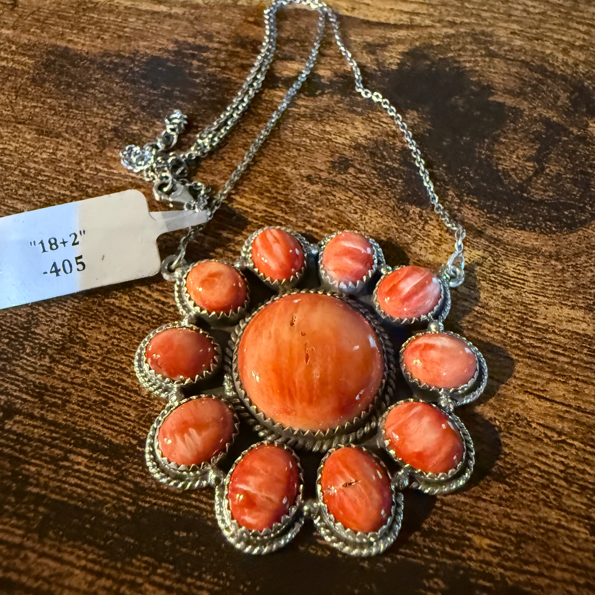 Orange Spiny Oyster Cluster Necklace in Sterling Silver with 18 Inch Chain Wild West Boho
