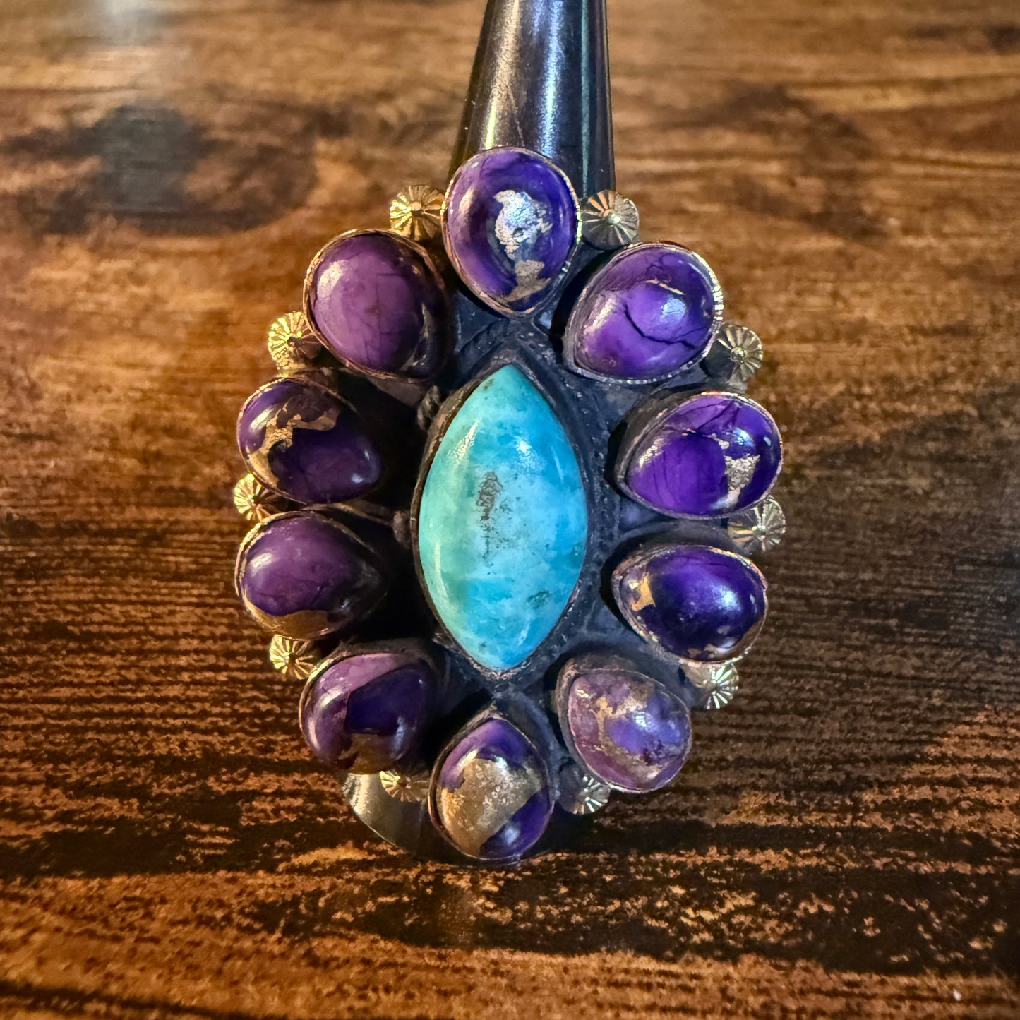 Purple Dahlia And Kingman Turquoise Statement Adjustable Ring Copper Wide Band Wild West Boho