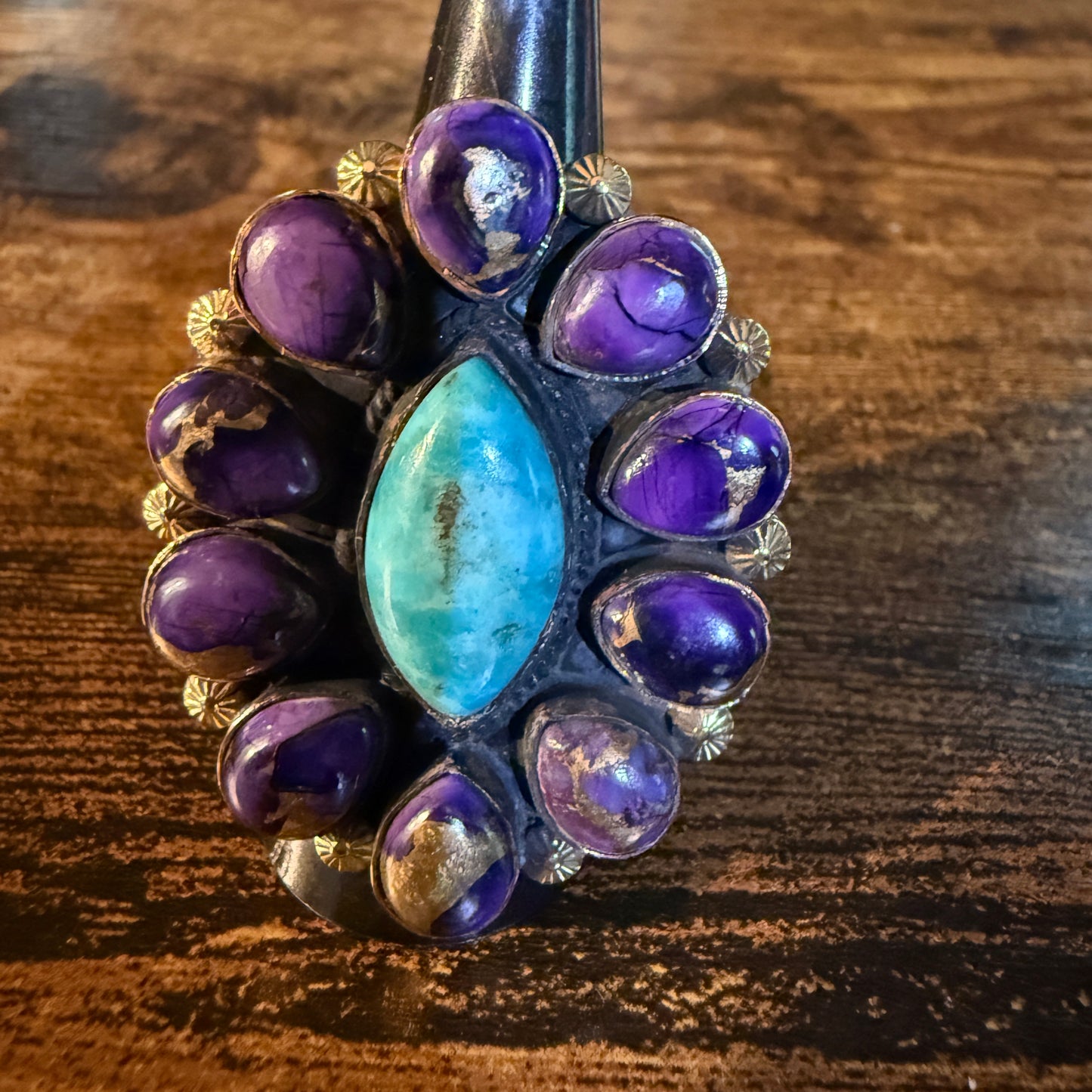 Purple Dahlia And Kingman Turquoise Statement Adjustable Ring Copper Wide Band Wild West Boho