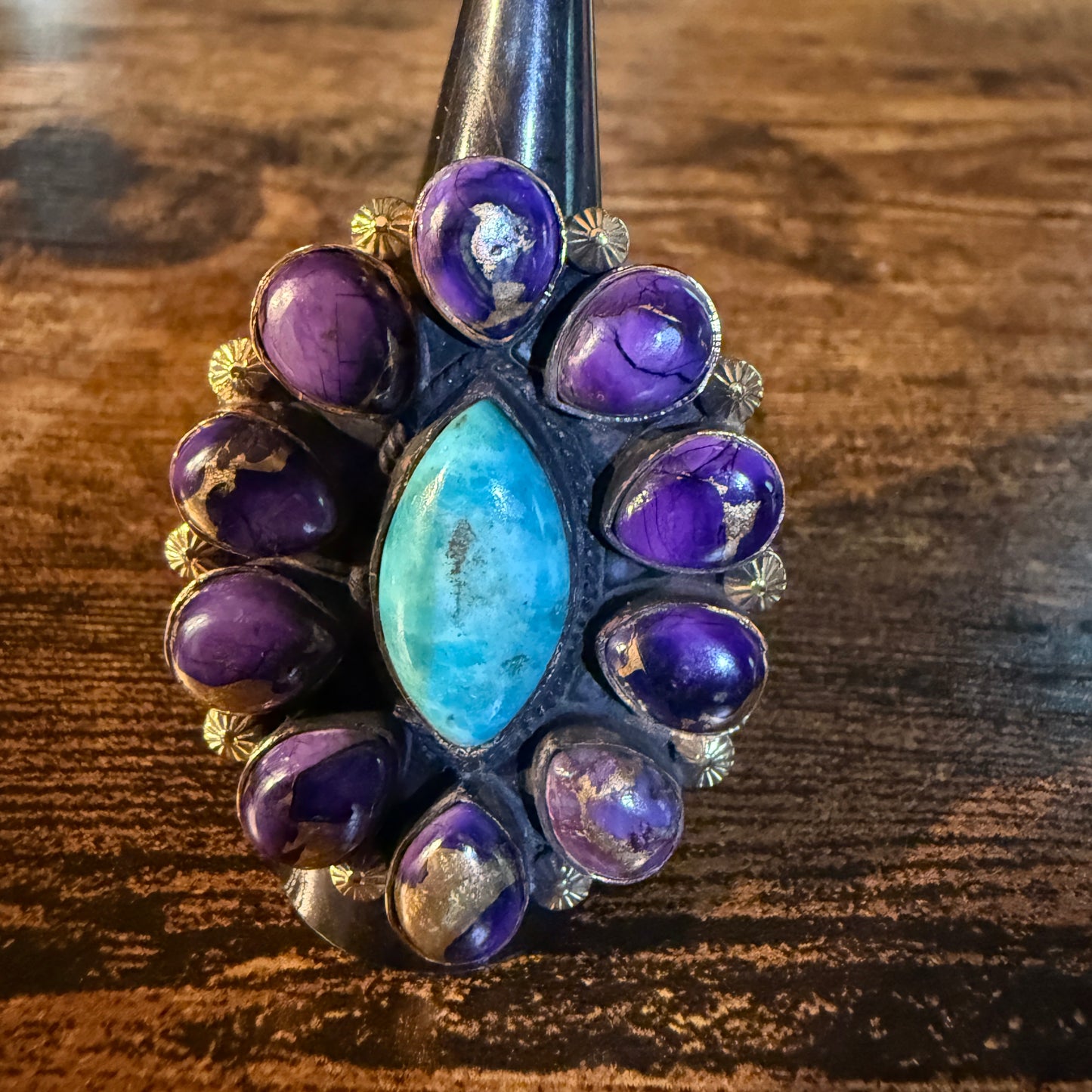 Purple Dahlia And Kingman Turquoise Statement Adjustable Ring Copper Wide Band Wild West Boho