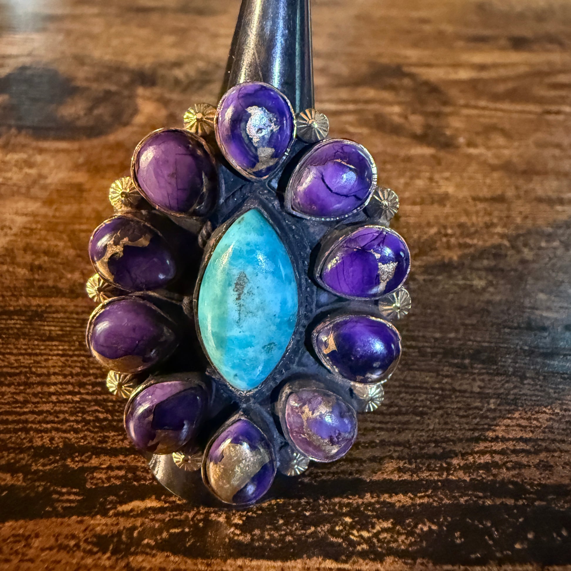 Purple Dahlia And Kingman Turquoise Statement Adjustable Ring Copper Wide Band Wild West Boho
