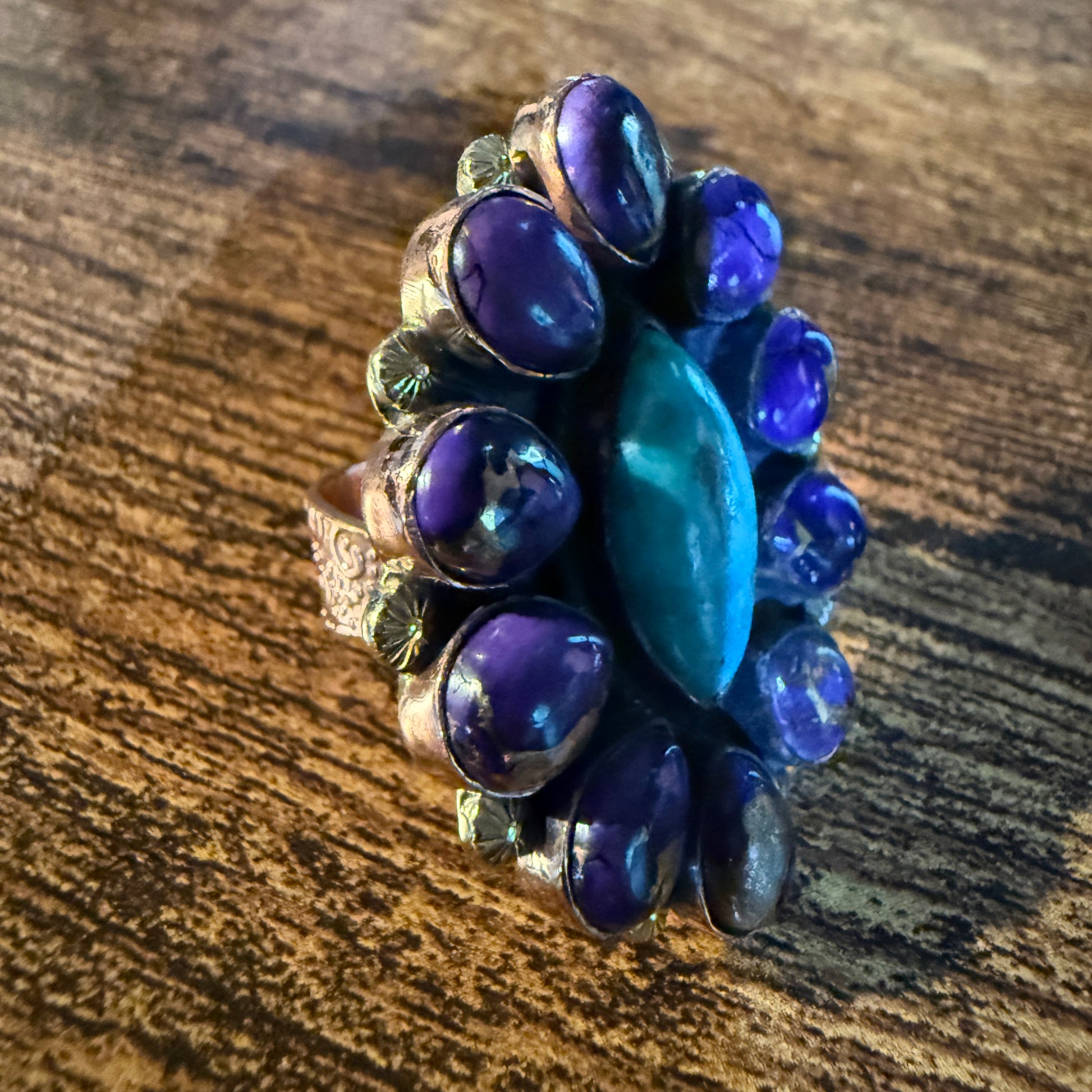 Purple Dahlia And Kingman Turquoise Statement Adjustable Ring Copper Wide Band Wild West Boho