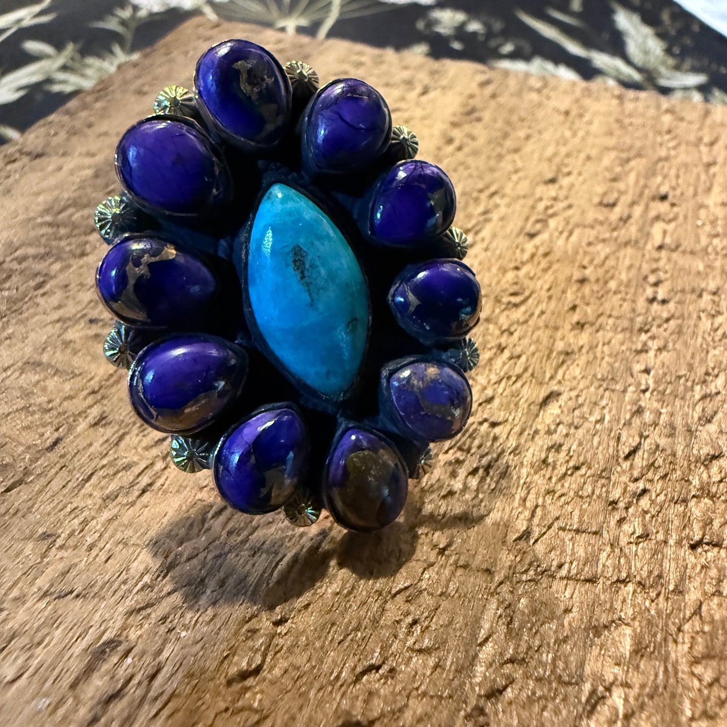 Purple Dahlia And Kingman Turquoise Statement Adjustable Ring Copper Wide Band Wild West Boho
