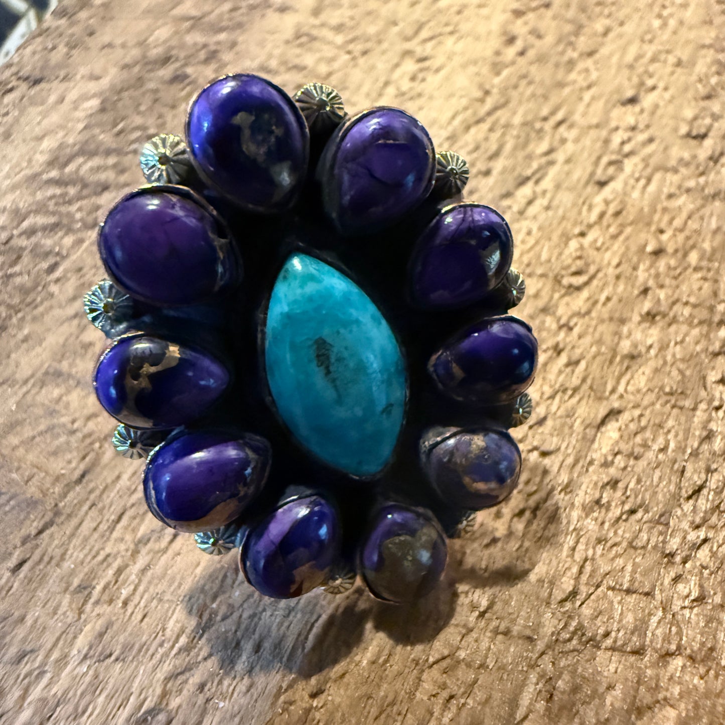 Purple Dahlia And Kingman Turquoise Statement Adjustable Ring Copper Wide Band Wild West Boho