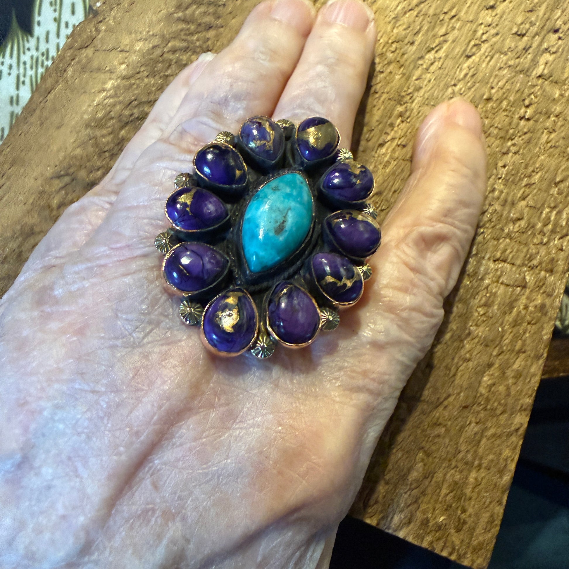 Purple Dahlia And Kingman Turquoise Statement Adjustable Ring Copper Wide Band Wild West Boho
