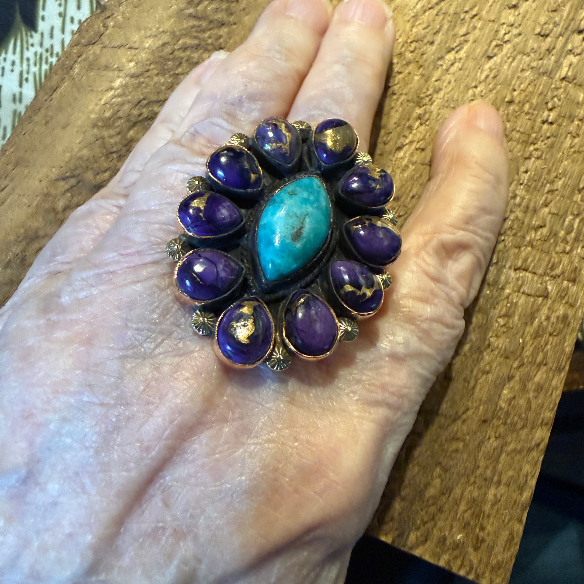 Purple Dahlia And Kingman Turquoise Statement Adjustable Ring Copper Wide Band Wild West Boho