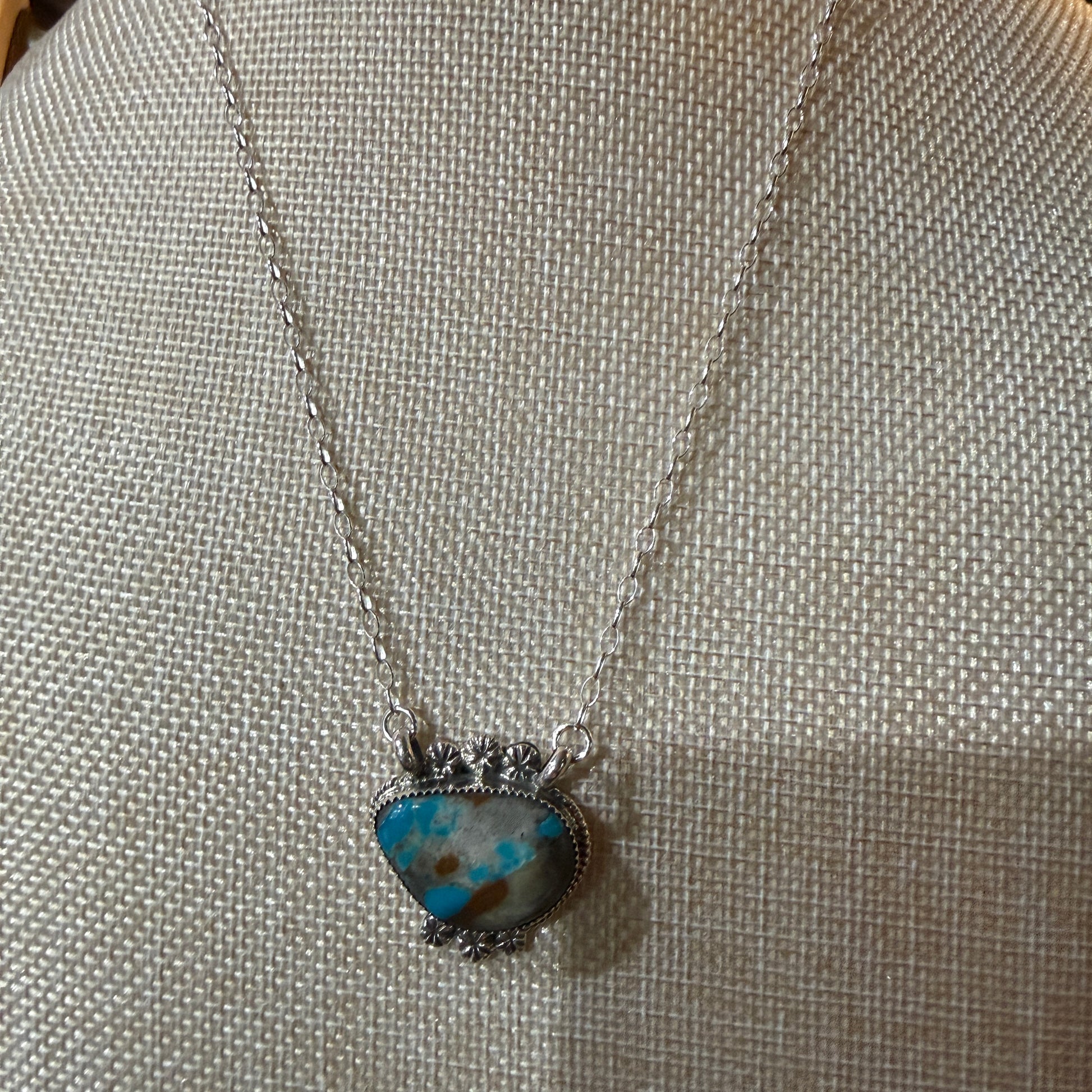 Navajo Handmade Royston Ribbon Turquoise Necklace Sterling Silver 18 Inch Chain Wild West Boho
