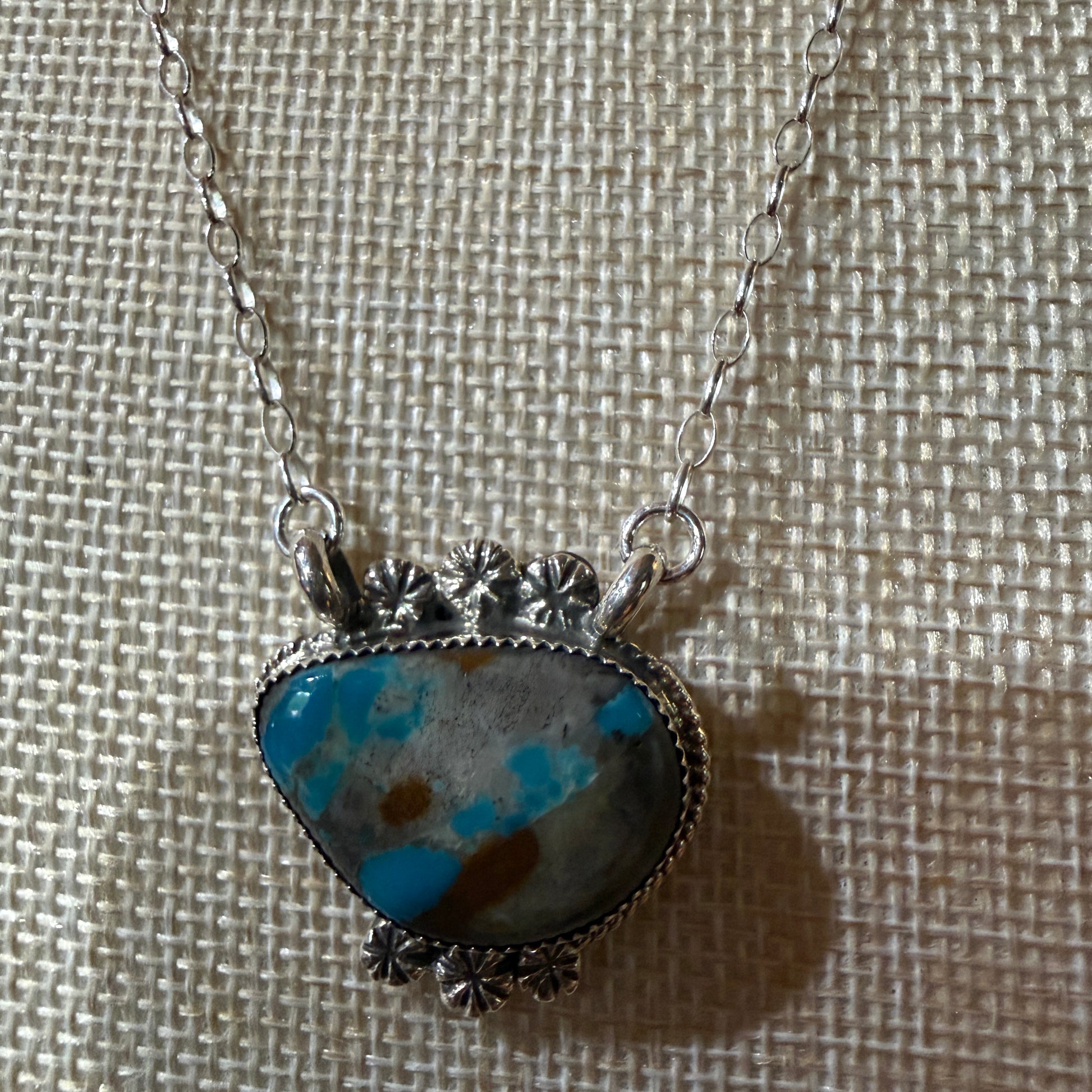Navajo Handmade Royston Ribbon Turquoise Necklace Sterling Silver 18 Inch Chain Wild West Boho