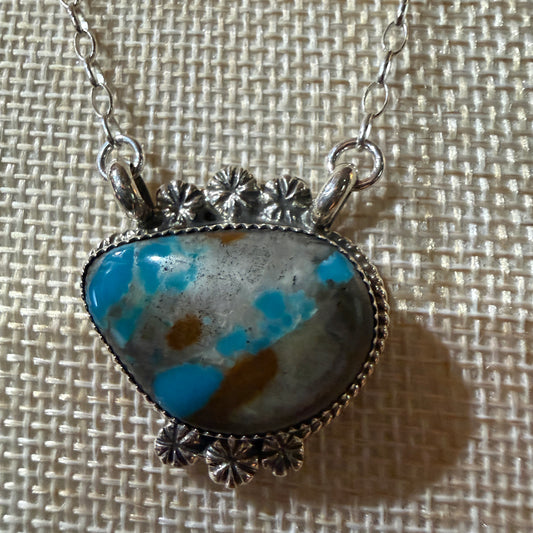 Navajo Handmade Royston Ribbon Turquoise Necklace Sterling Silver 18 Inch Chain Wild West Boho