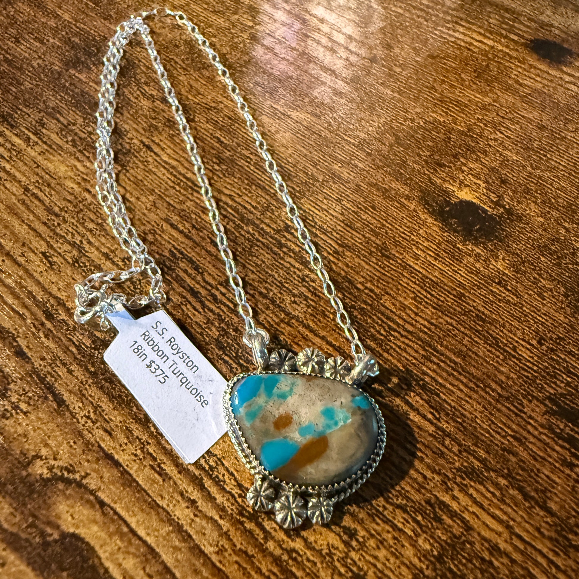 Navajo Handmade Royston Ribbon Turquoise Necklace Sterling Silver 18 Inch Chain Wild West Boho