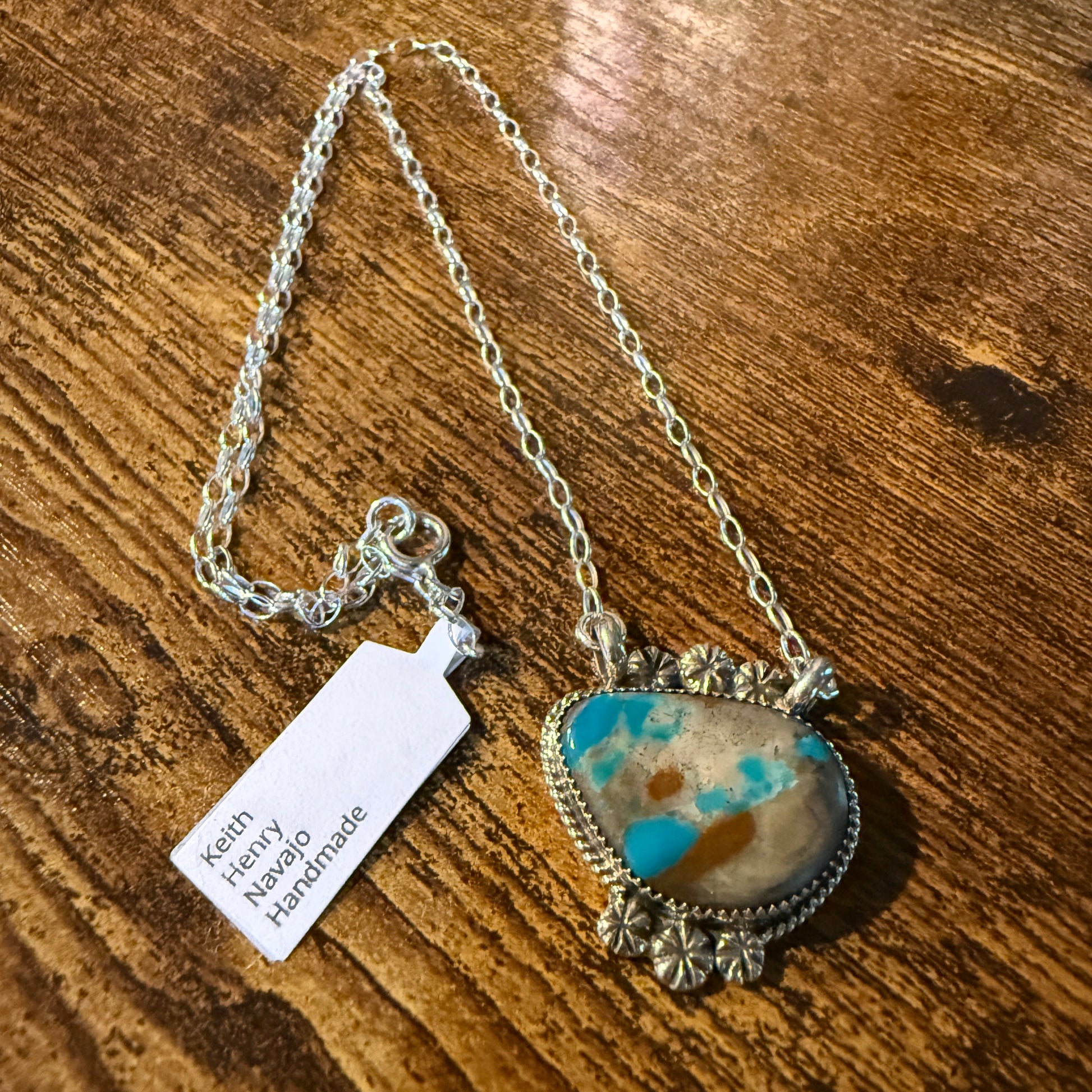 Navajo Handmade Royston Ribbon Turquoise Necklace Sterling Silver 18 Inch Chain Wild West Boho
