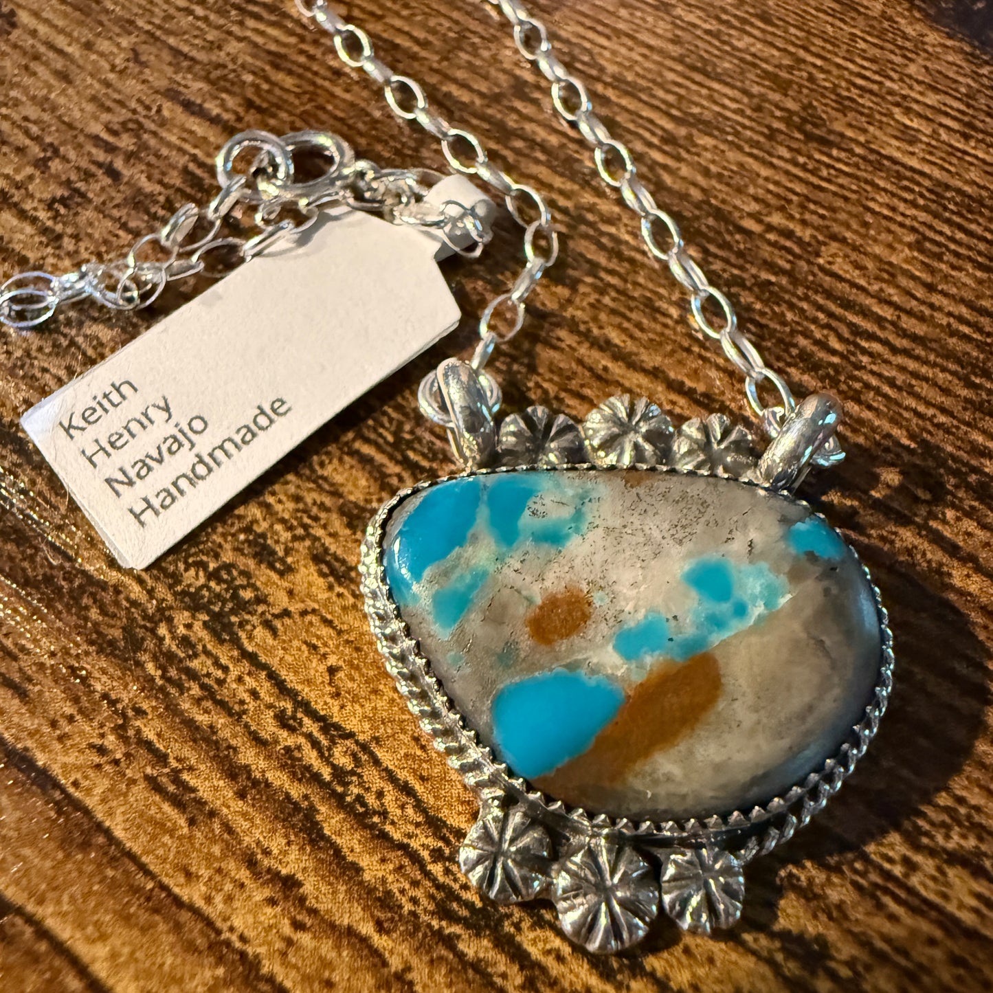 Navajo Handmade Royston Ribbon Turquoise Necklace Sterling Silver 18 Inch Chain Wild West Boho
