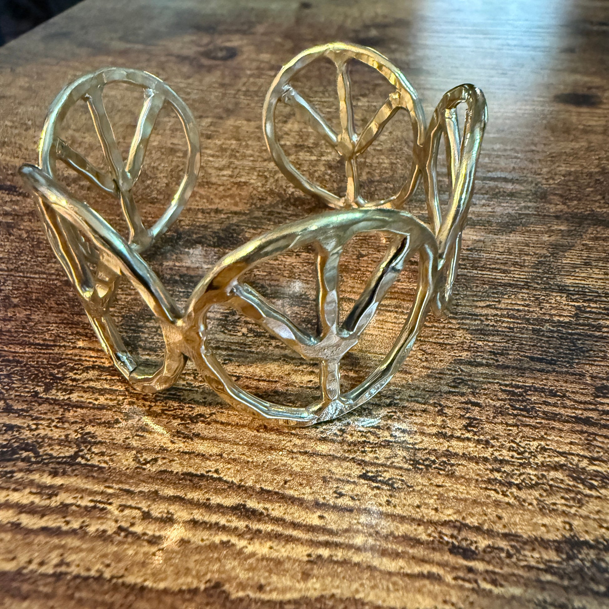 Woodstock Vibes Gold Peace Sign Hippie Bracelet Hammered Vintage Boho Cuff Wild West Boho