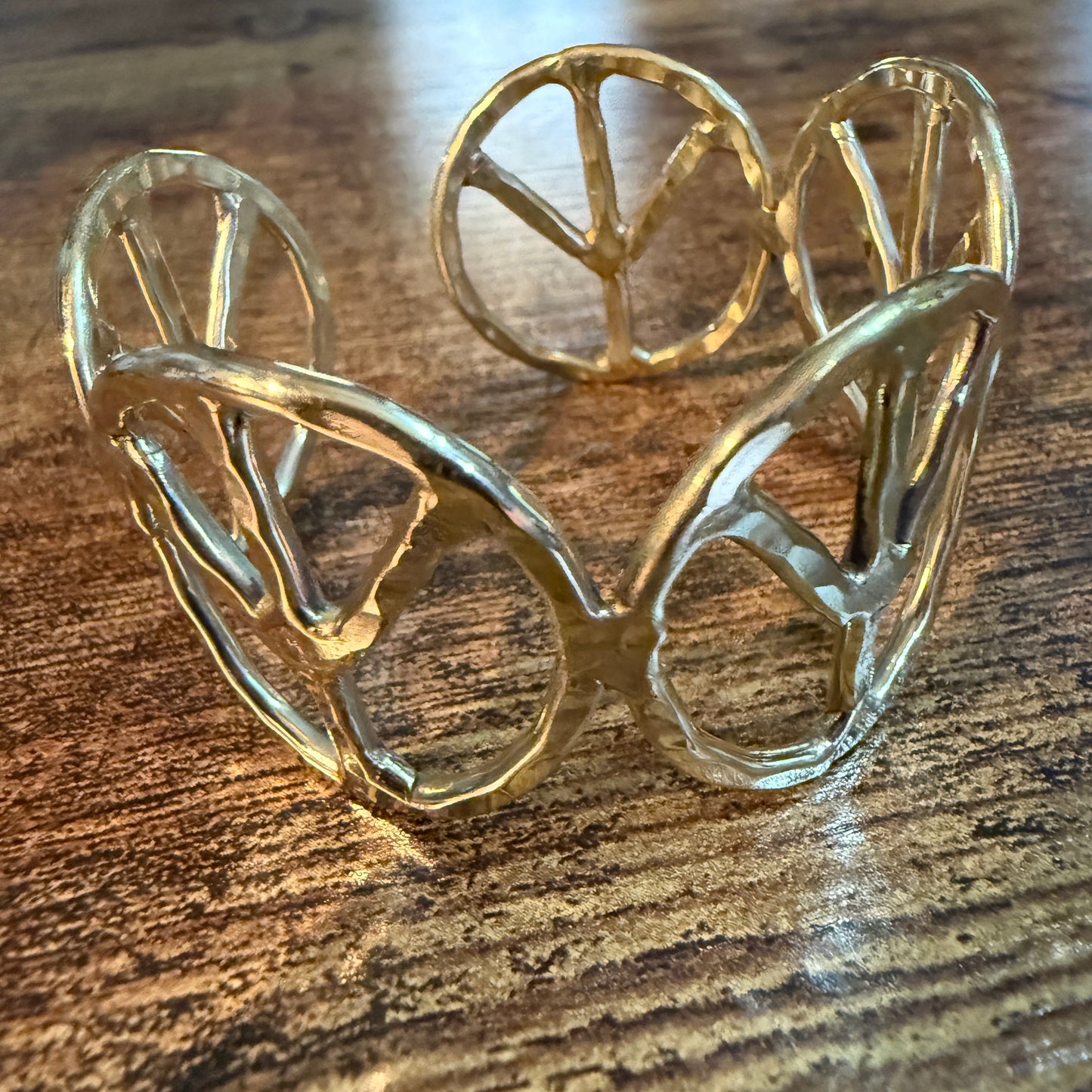 Woodstock Vibes Gold Peace Sign Hippie Bracelet Hammered Vintage Boho Cuff Wild West Boho