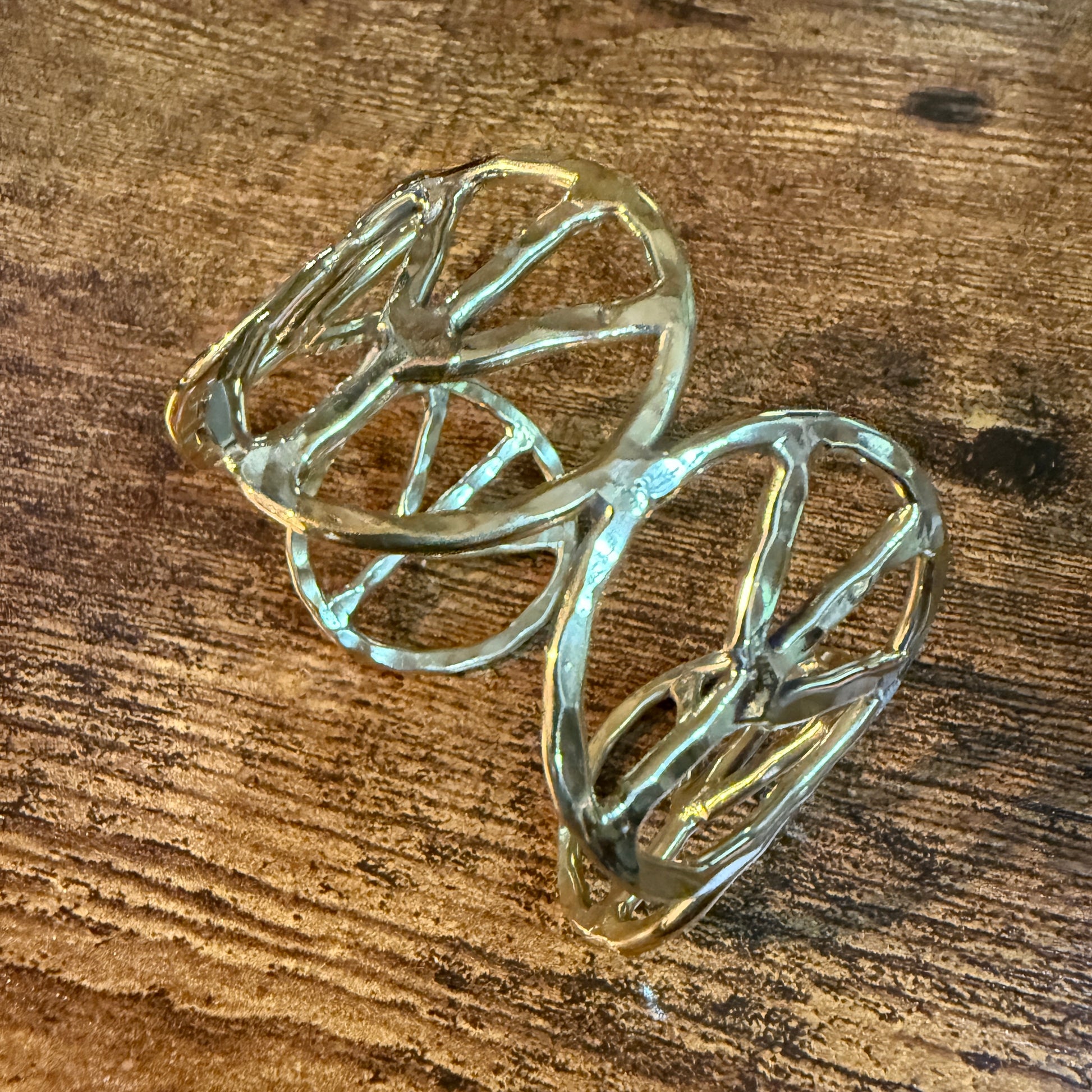 Woodstock Vibes Gold Peace Sign Hippie Bracelet Hammered Vintage Boho Cuff Wild West Boho