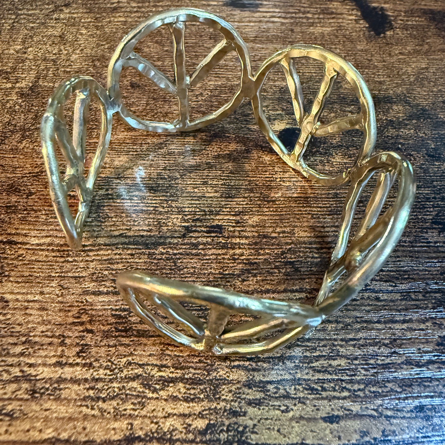 Woodstock Vibes Gold Peace Sign Hippie Bracelet Hammered Vintage Boho Cuff Wild West Boho