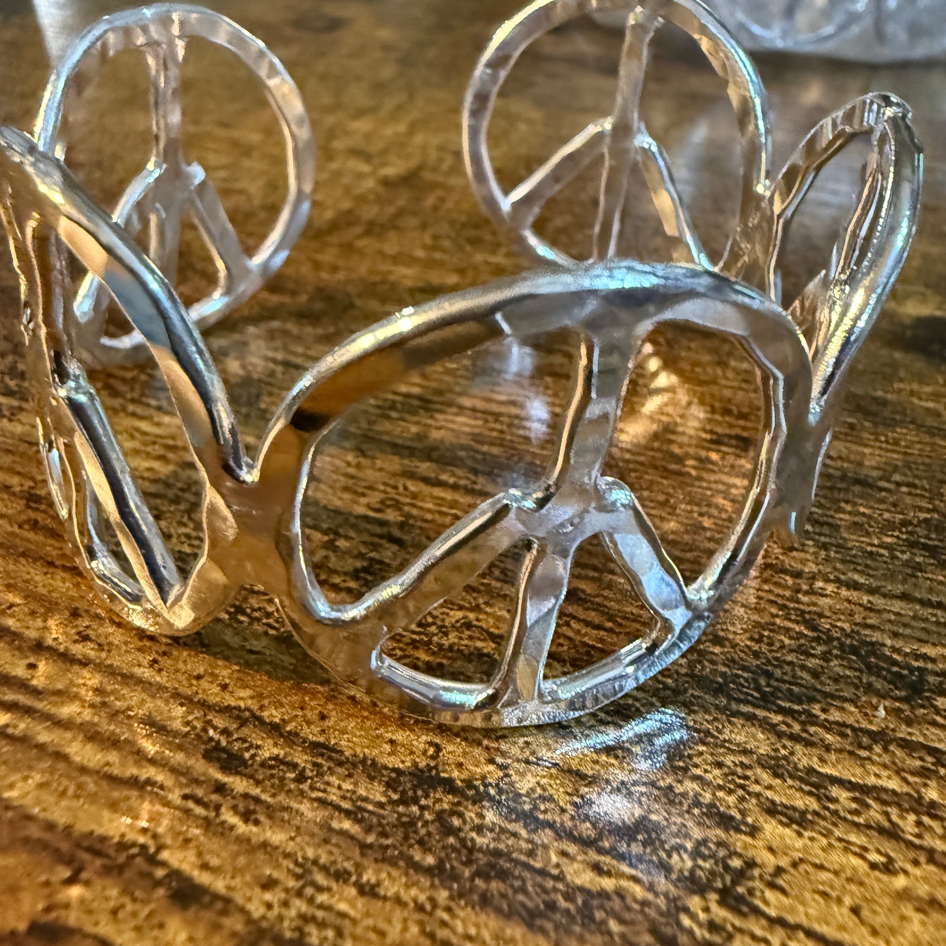Woodstock Vibes Gold Peace Sign Hippie Bracelet Hammered Vintage Boho Cuff Wild West Boho