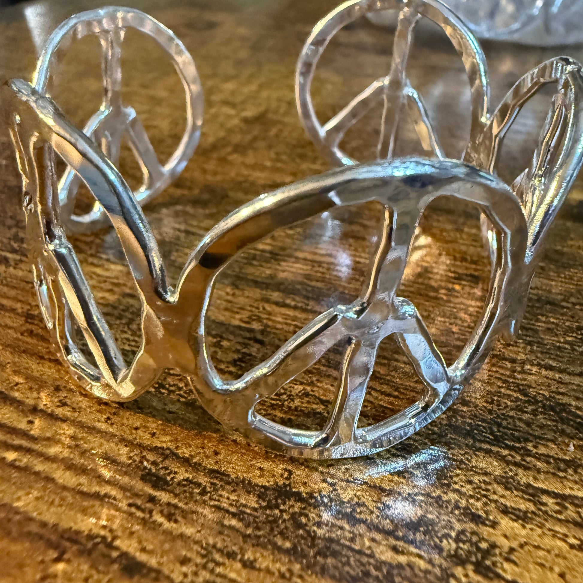 Woodstock Vibes Gold Peace Sign Hippie Bracelet Hammered Vintage Boho Cuff Wild West Boho