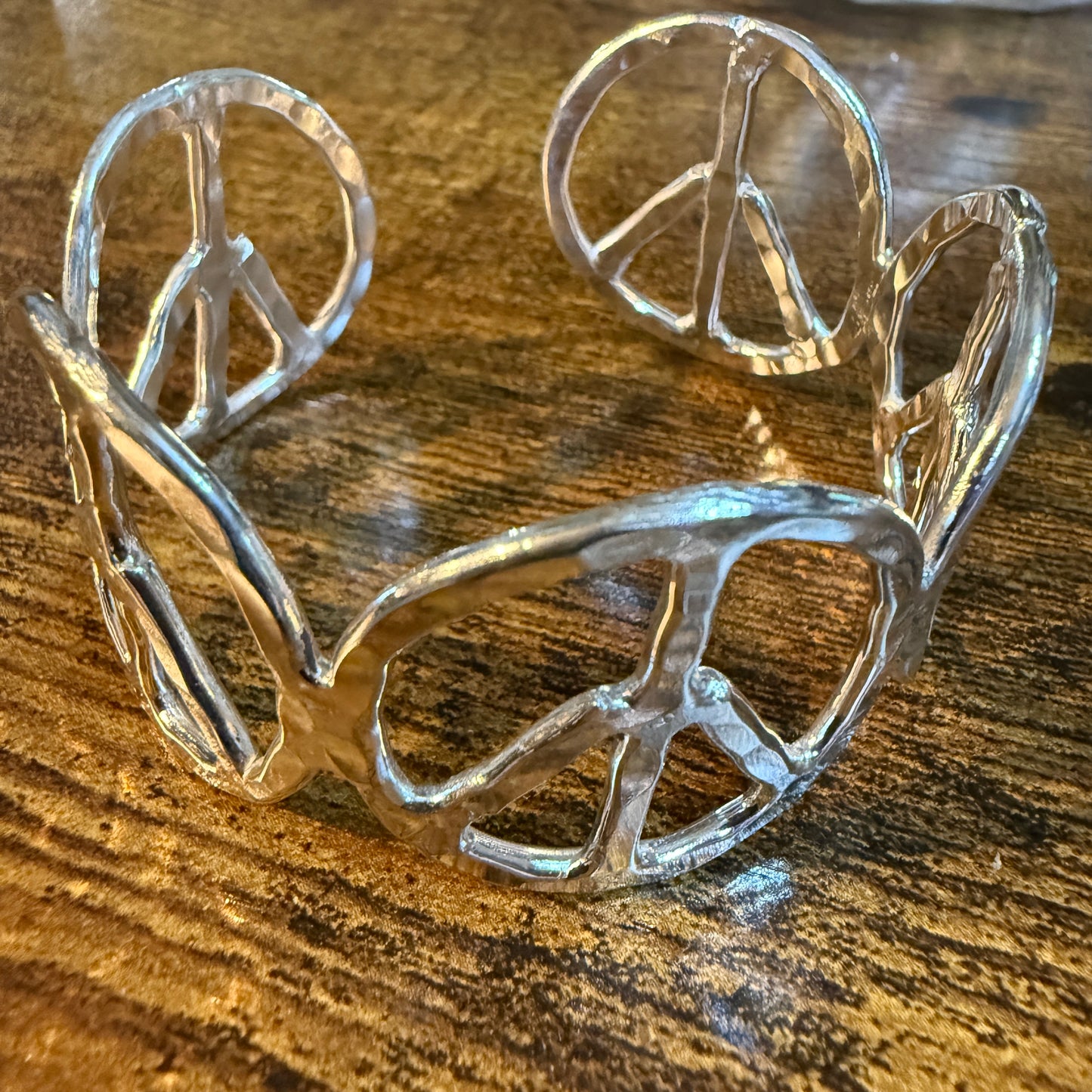 Woodstock Vibes Gold Peace Sign Hippie Bracelet Hammered Vintage Boho Cuff Wild West Boho