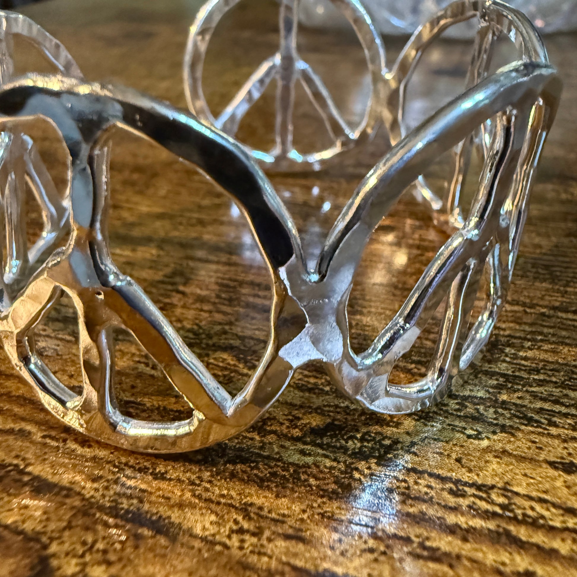 Silver Hammered Peace Sign Hippie Cuff Bracelet Boho Woodstock Vibes Wild West Boho