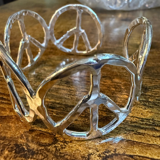 Silver Hammered Peace Sign Hippie Cuff Bracelet Boho Woodstock Vibes Wild West Boho