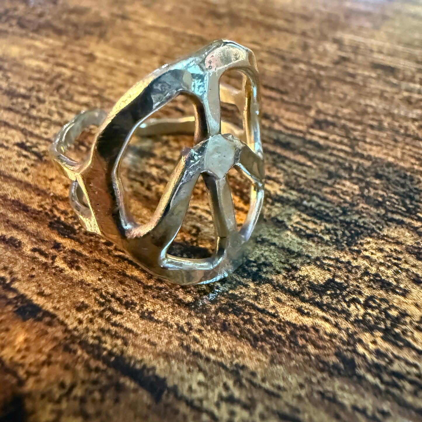 Gold Hammered Peace Sign Hippie Ring Boho Vintage Style Adjustable Wild West Boho
