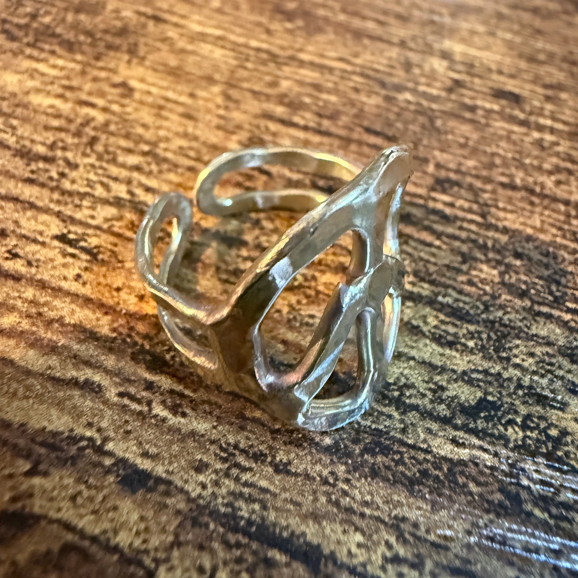 Gold Hammered Peace Sign Hippie Ring Boho Vintage Style Adjustable Wild West Boho