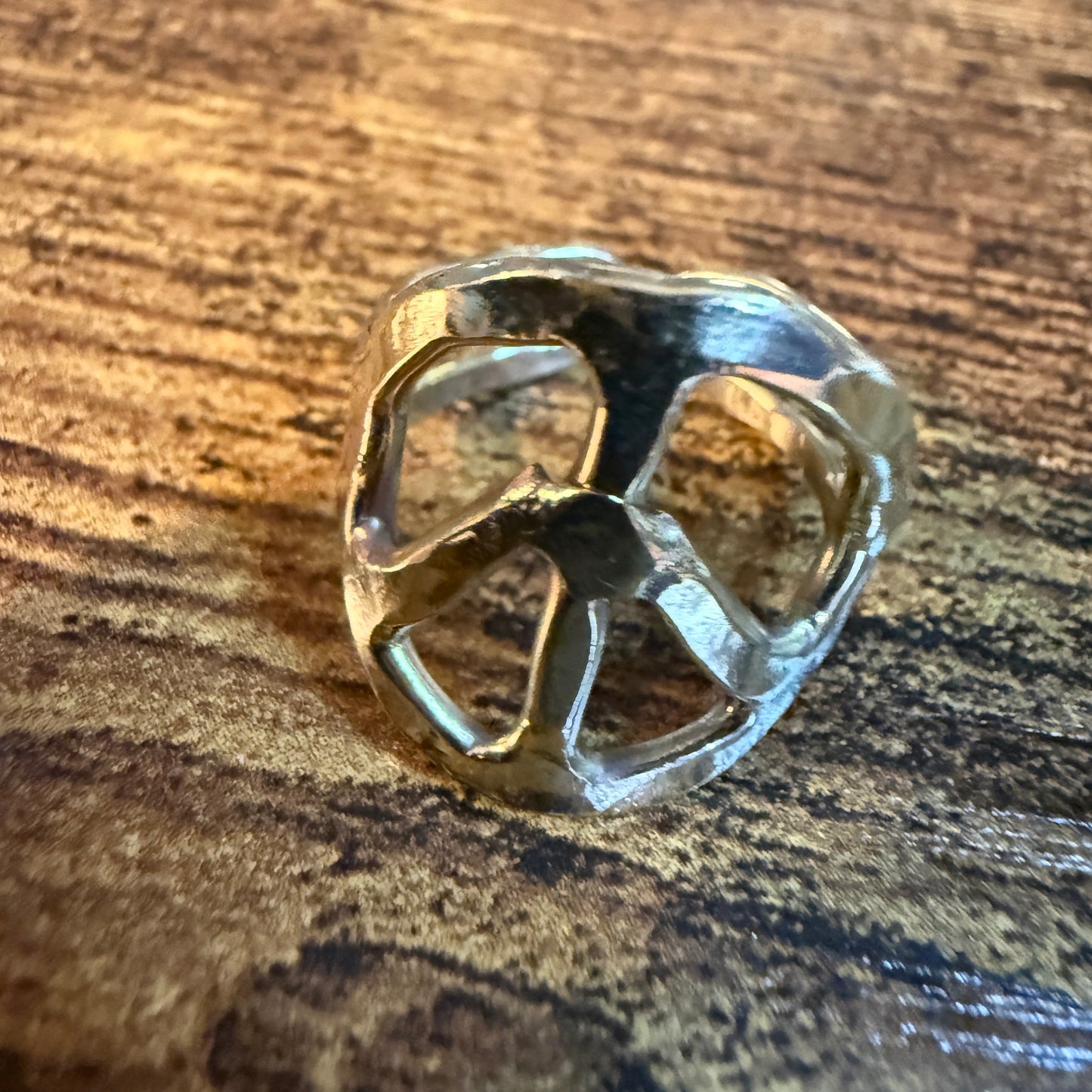 Gold Hammered Peace Sign Hippie Ring Boho Vintage Style Adjustable Wild West Boho