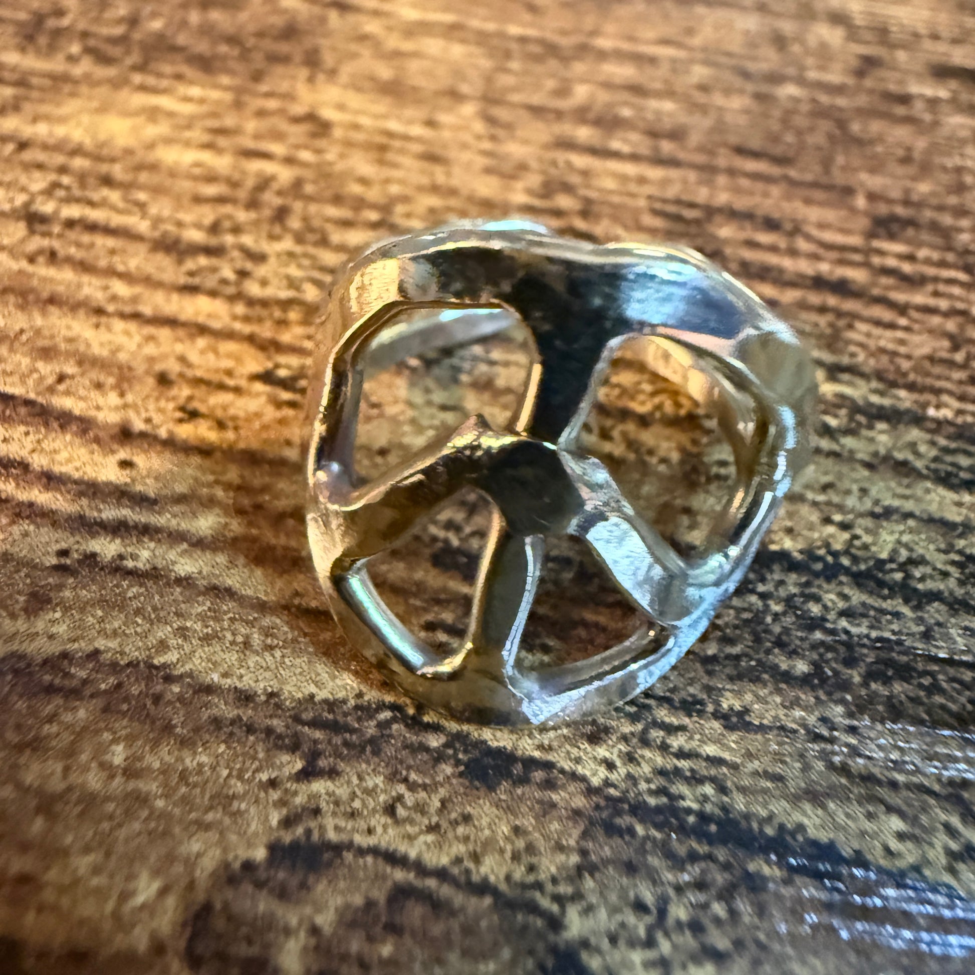 Gold Hammered Peace Sign Hippie Ring Boho Vintage Style Adjustable Wild West Boho