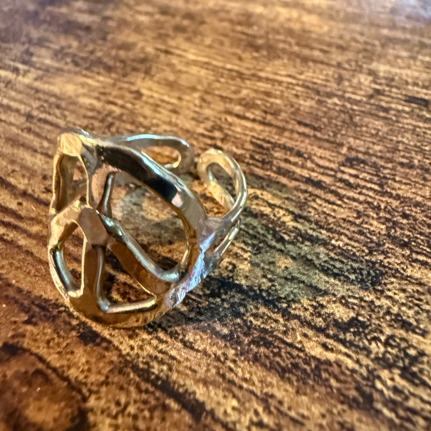 Gold Hammered Peace Sign Hippie Ring Boho Vintage Style Adjustable Wild West Boho