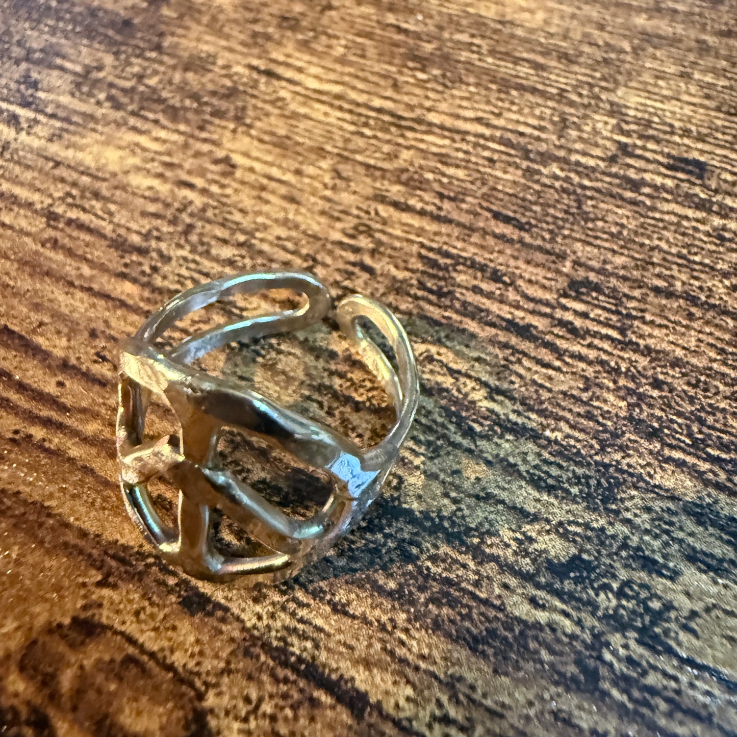 Gold Hammered Peace Sign Hippie Ring Boho Vintage Style Adjustable Wild West Boho