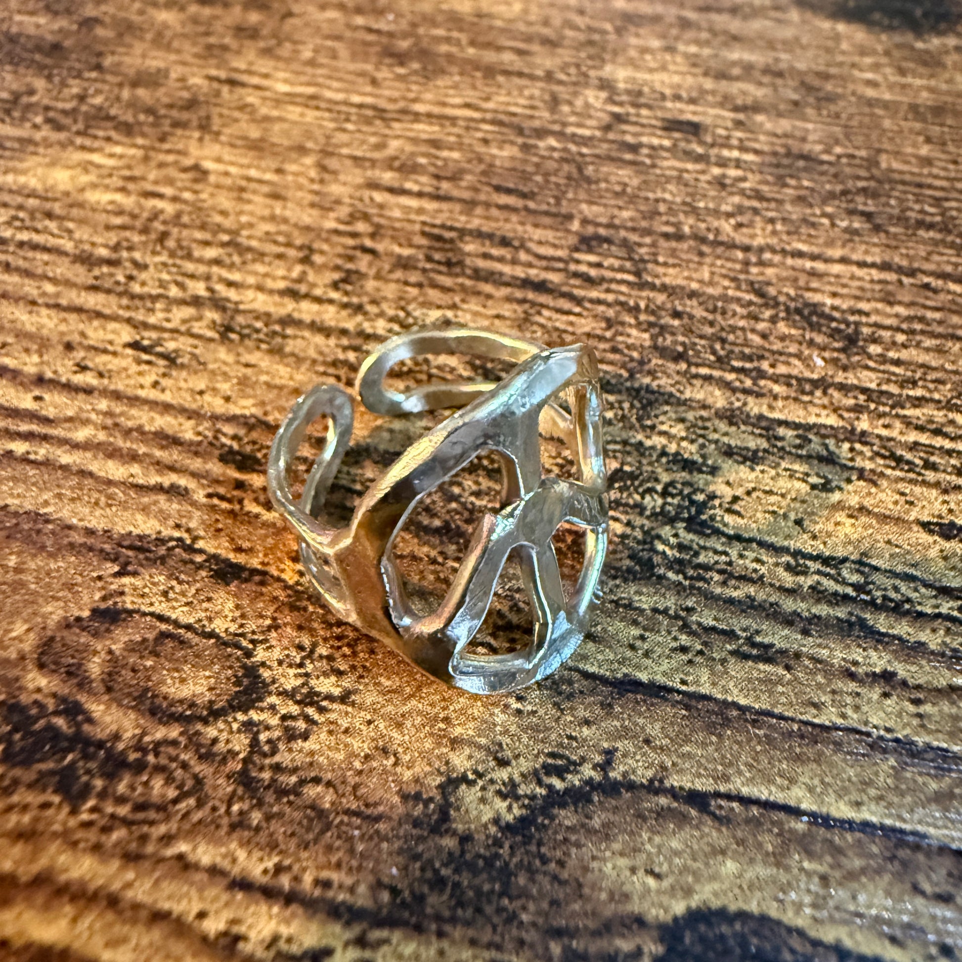 Gold Hammered Peace Sign Hippie Ring Boho Vintage Style Adjustable Wild West Boho
