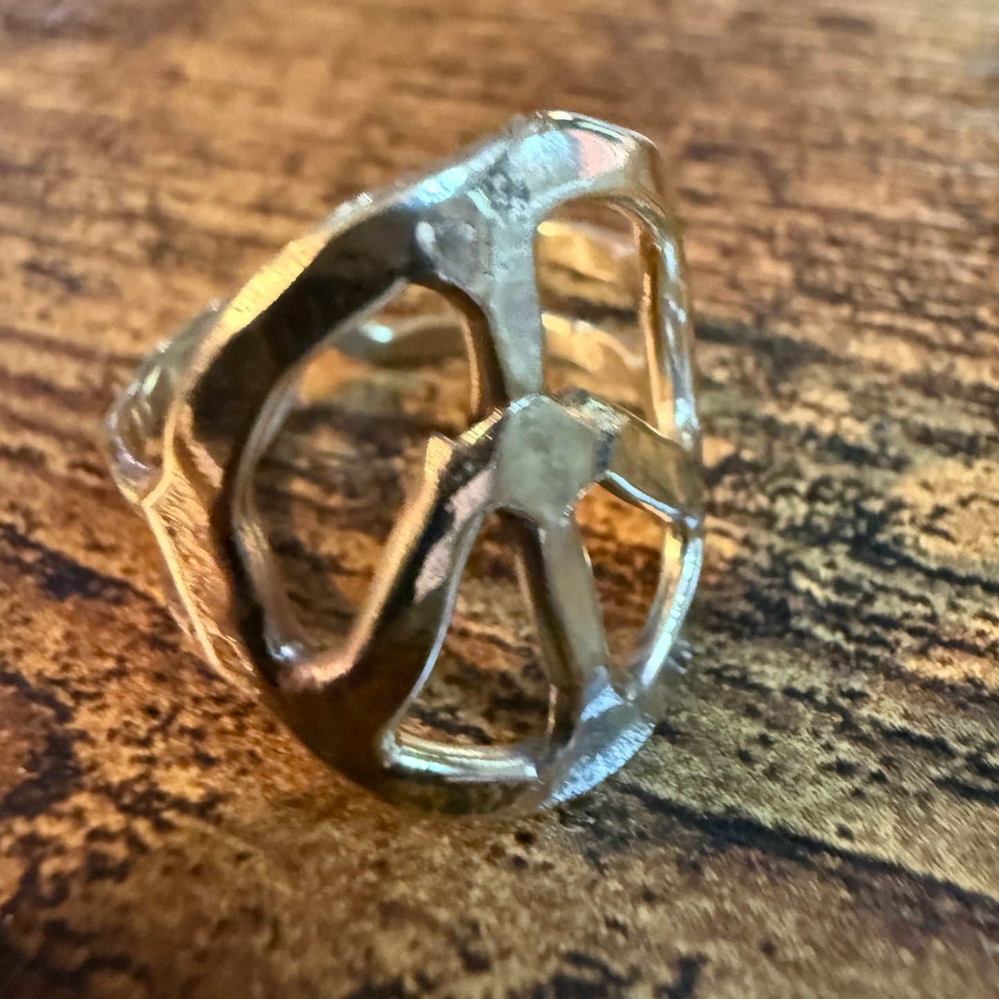 Gold Hammered Peace Sign Hippie Ring Boho Vintage Style Adjustable Wild West Boho