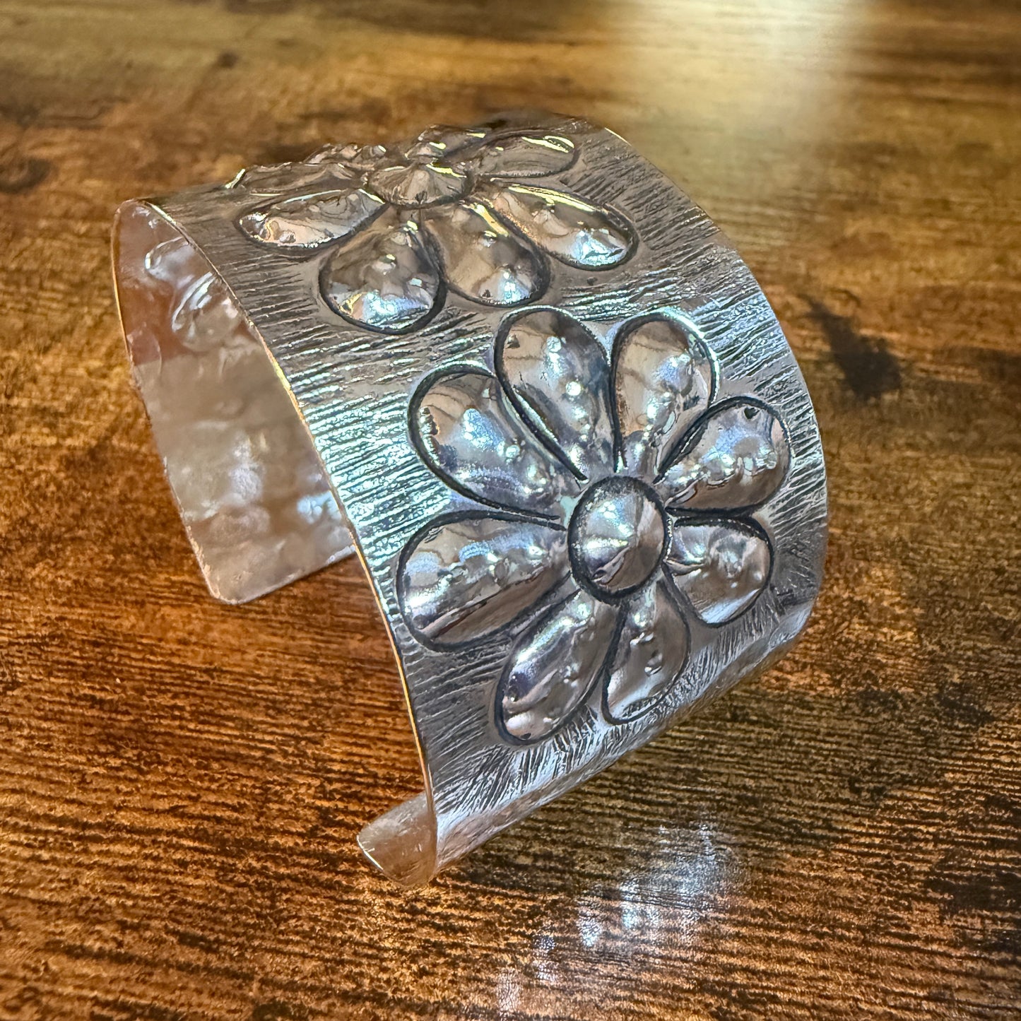 Southwest Flower Cuff Silver Bracelet Boho Wide Embossed Design Wild West Boho