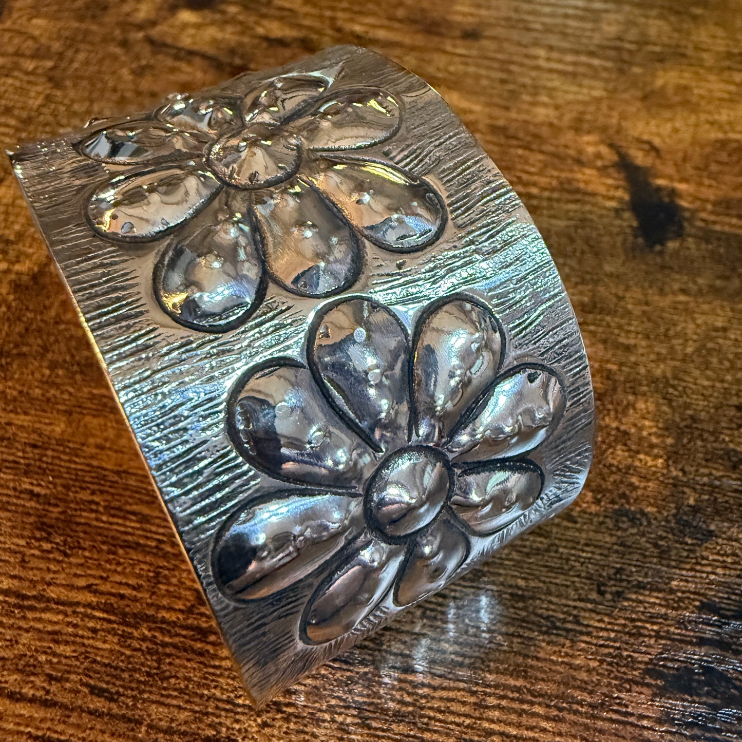 Southwest Flower Cuff Silver Bracelet Boho Wide Embossed Design Wild West Boho