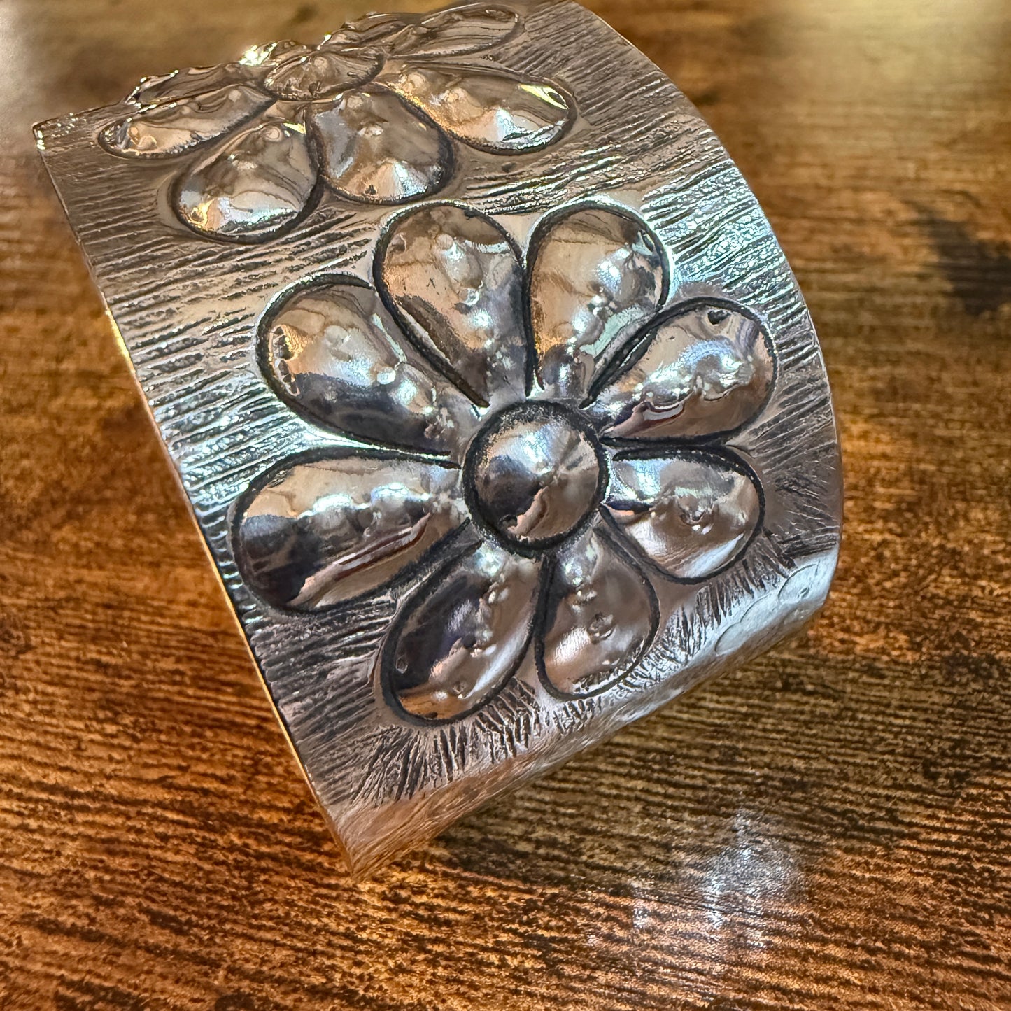 Southwest Flower Cuff Silver Bracelet Boho Wide Embossed Design Wild West Boho