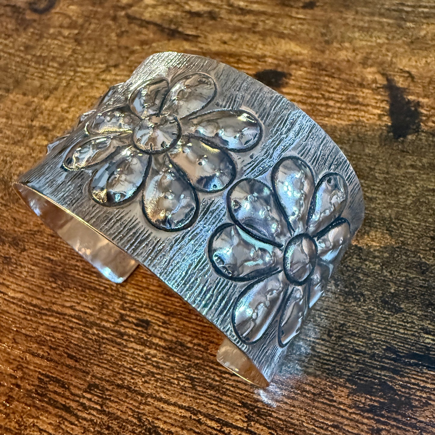 Southwest Flower Cuff Silver Bracelet Boho Wide Embossed Design Wild West Boho