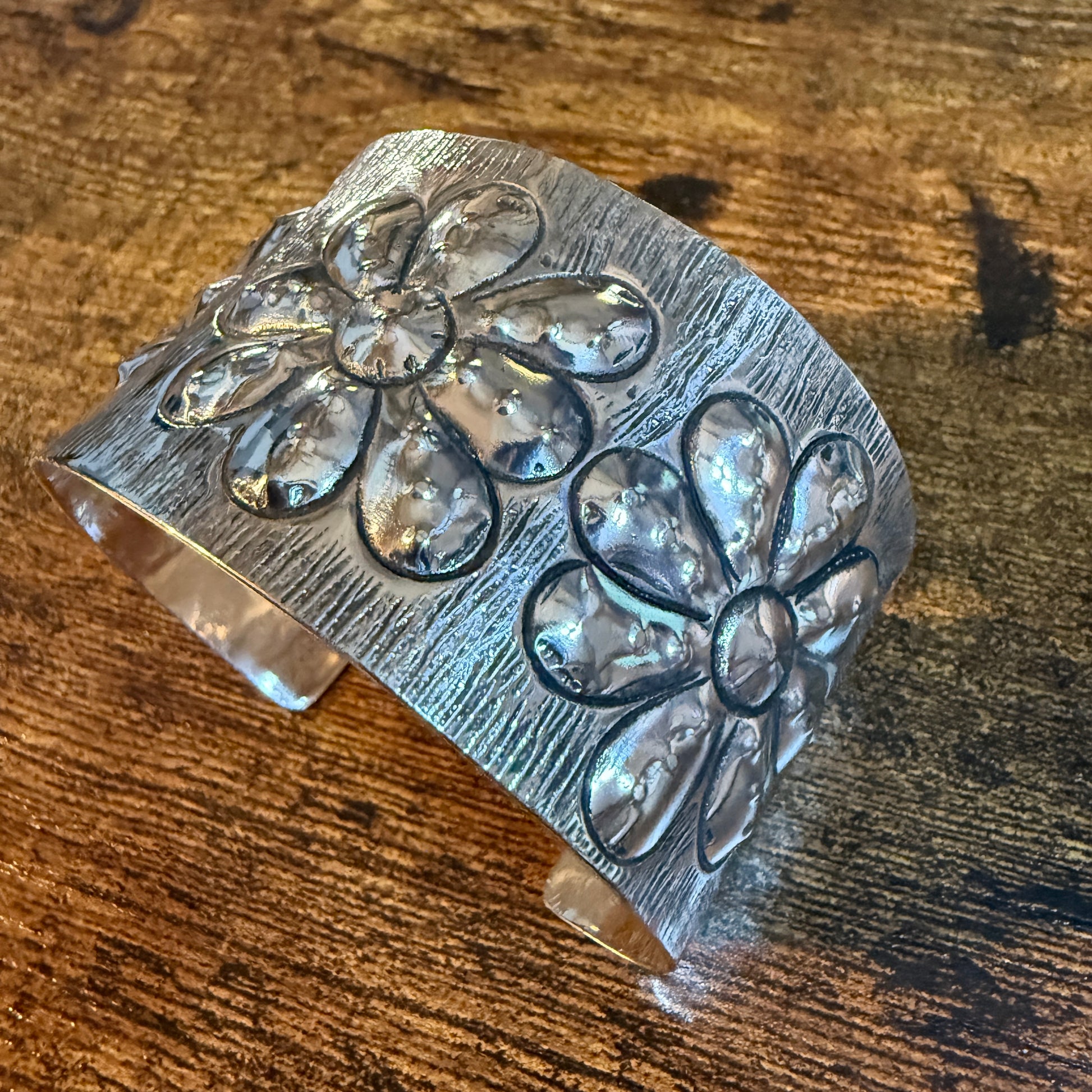 Southwest Flower Cuff Silver Bracelet Boho Wide Embossed Design Wild West Boho