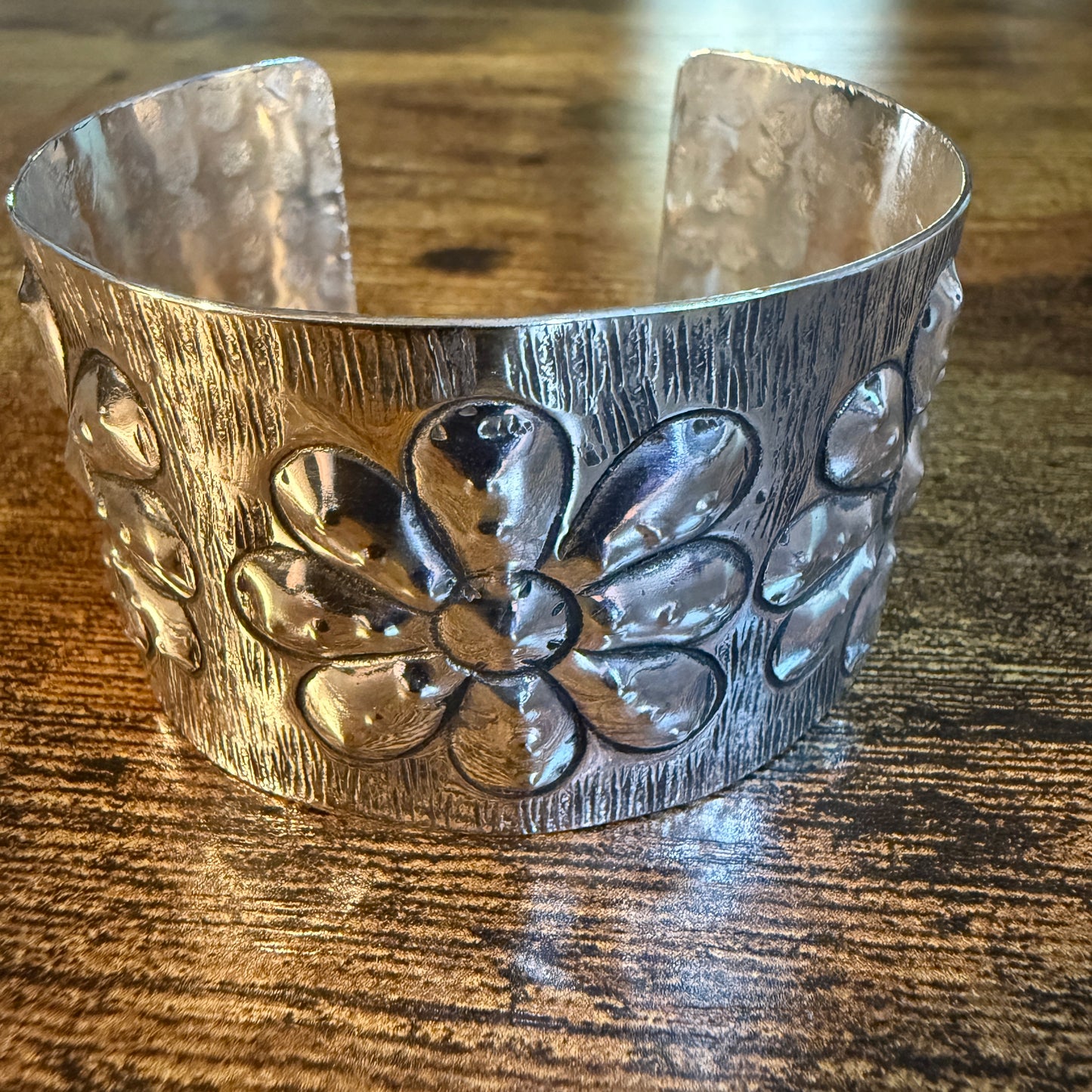Southwest Flower Cuff Silver Bracelet Boho Wide Embossed Design Wild West Boho