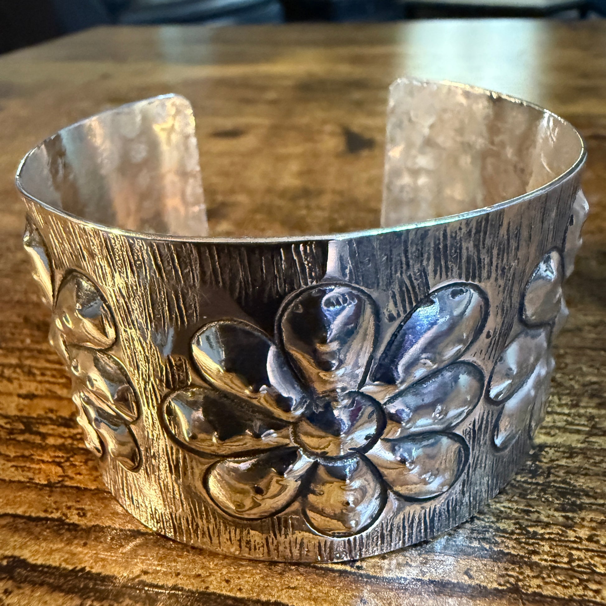 Southwest Flower Cuff Silver Bracelet Boho Wide Embossed Design Wild West Boho