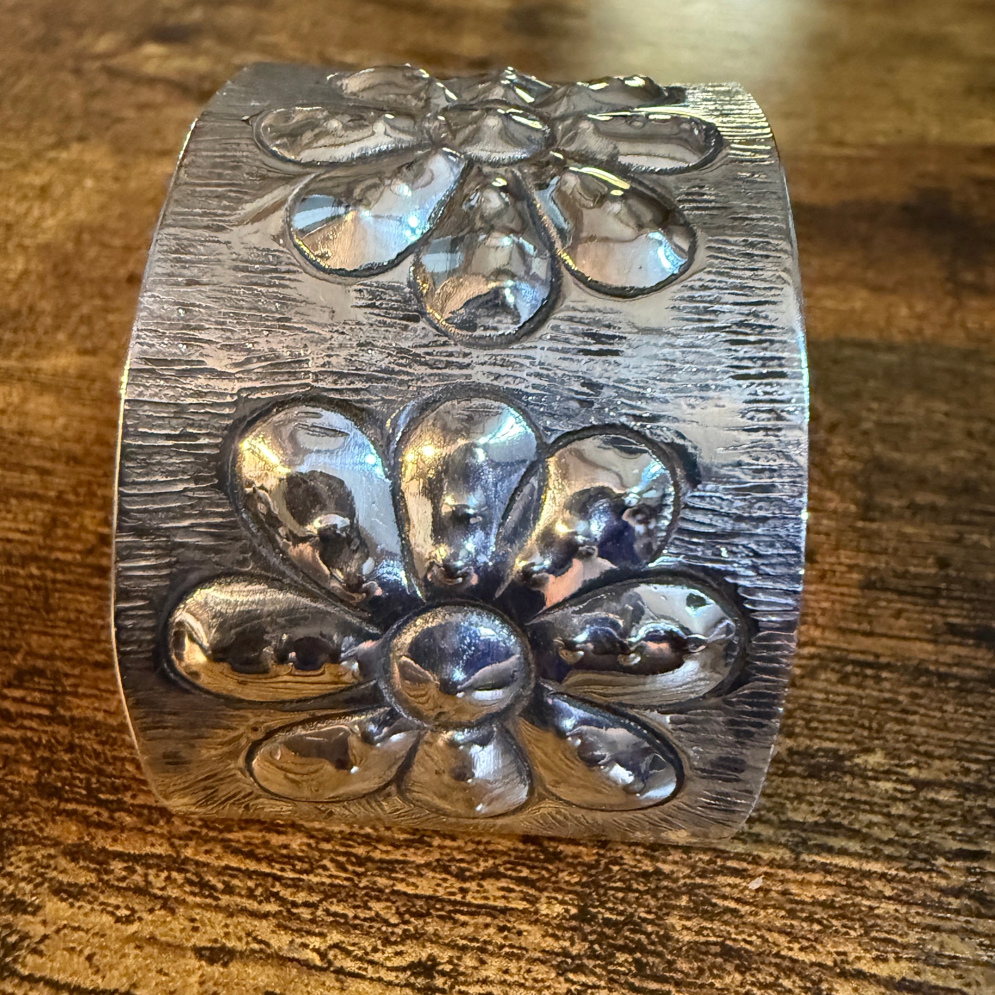 Southwest Flower Cuff Silver Bracelet Boho Wide Embossed Design Wild West Boho